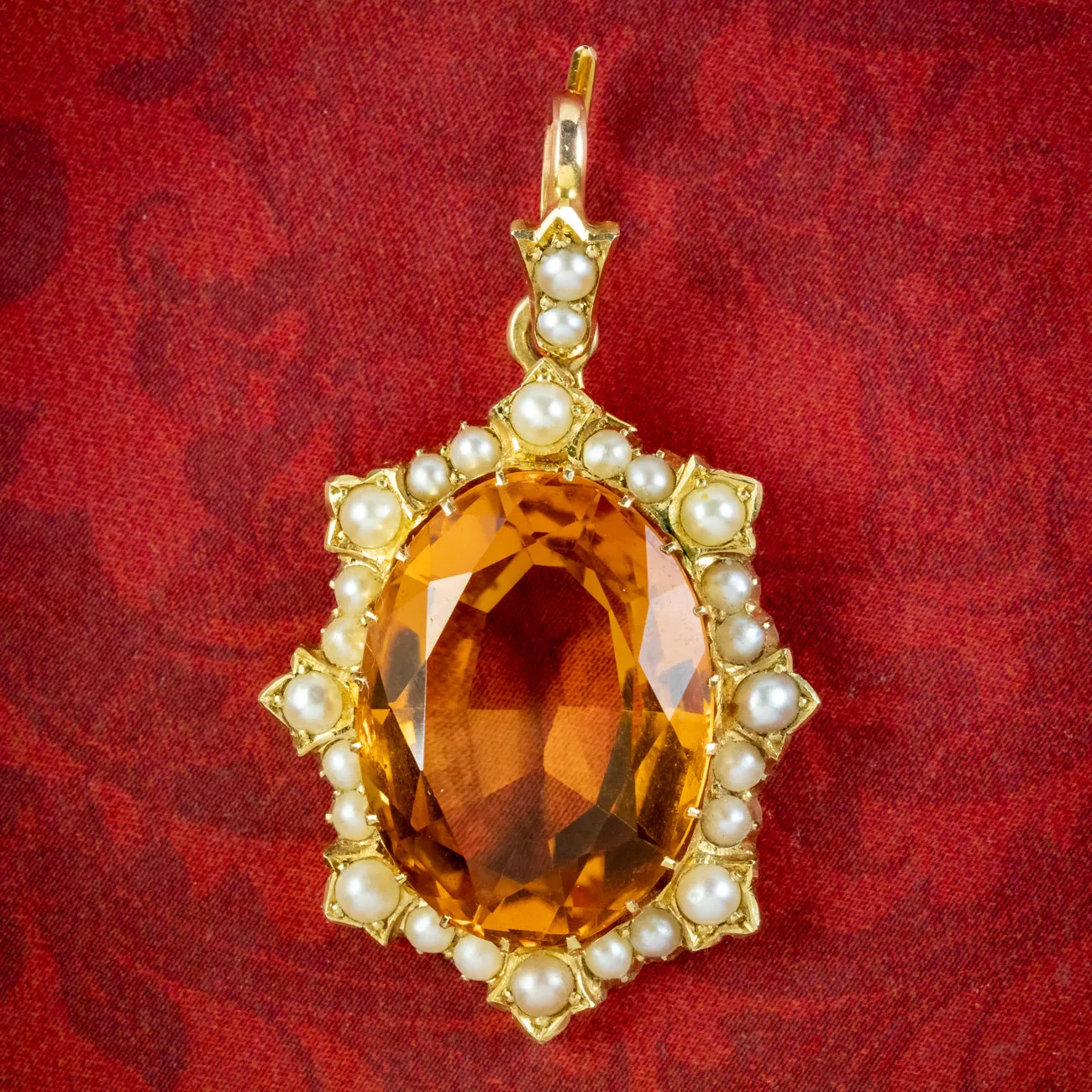 Antique Victorian Citrine Pearl Pendant 15ct Gold