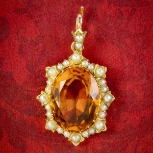 Antique Victorian Citrine Pearl Pendant 15ct Gold