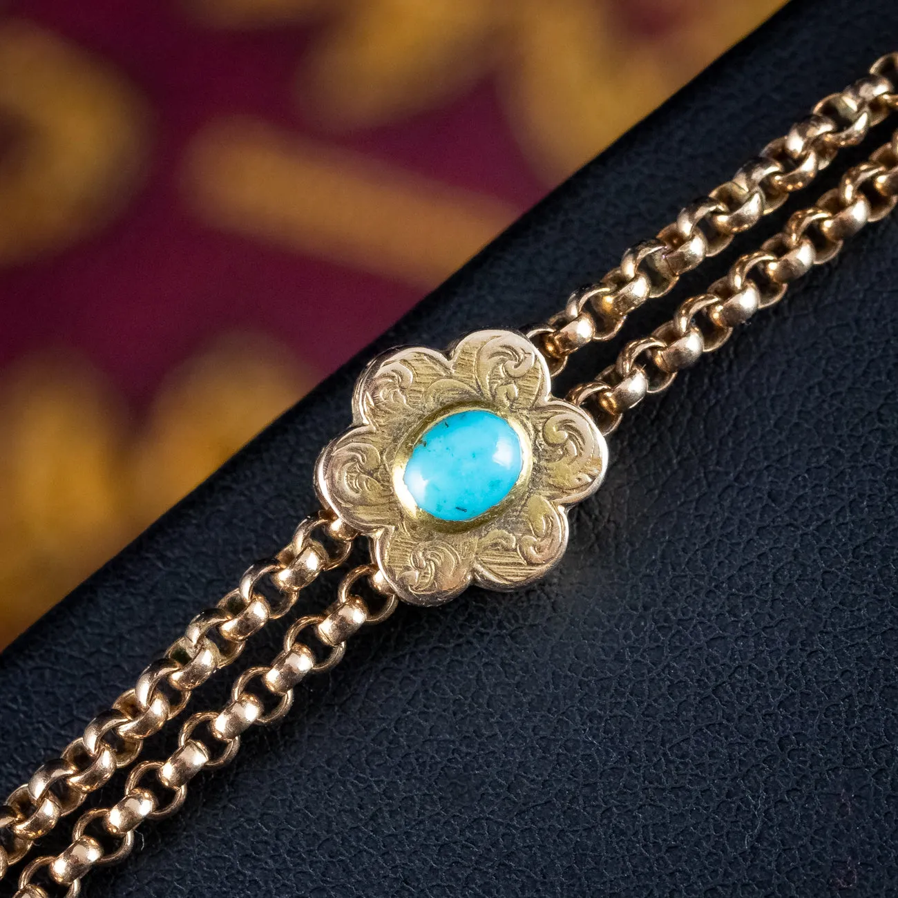 Antique Victorian Long Guard Chain 9ct Gold Turquoise Slider