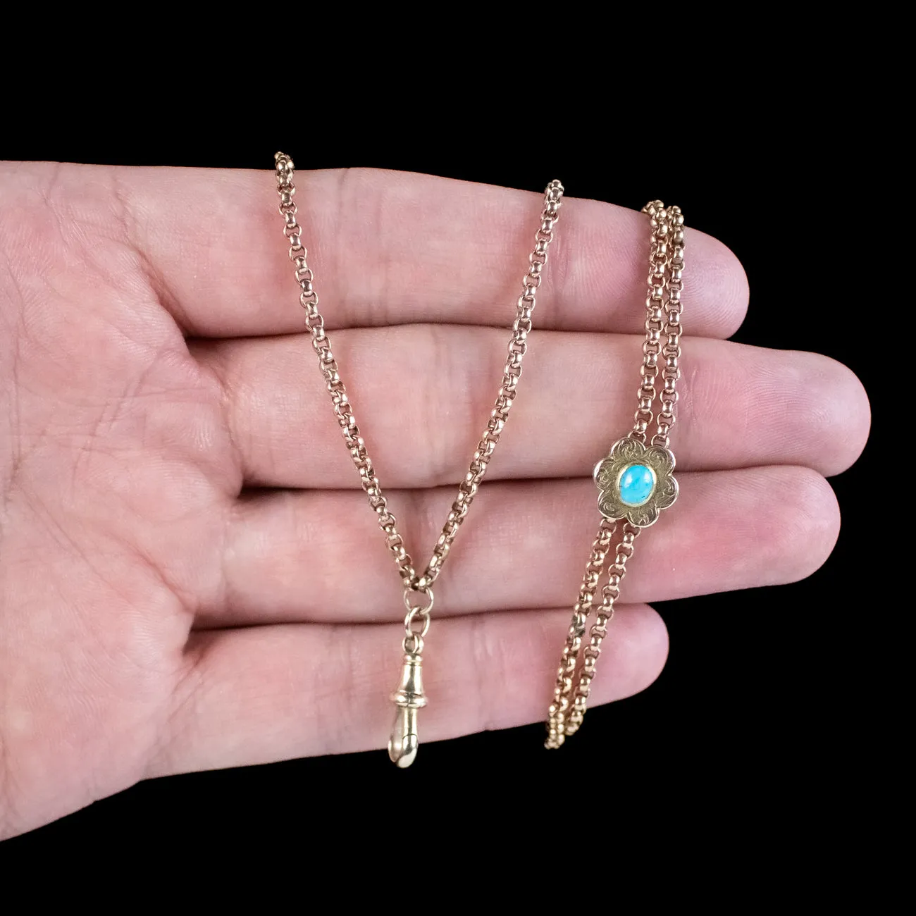 Antique Victorian Long Guard Chain 9ct Gold Turquoise Slider