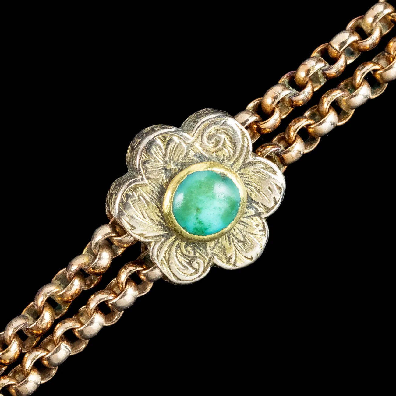 Antique Victorian Long Guard Chain 9ct Gold Turquoise Slider