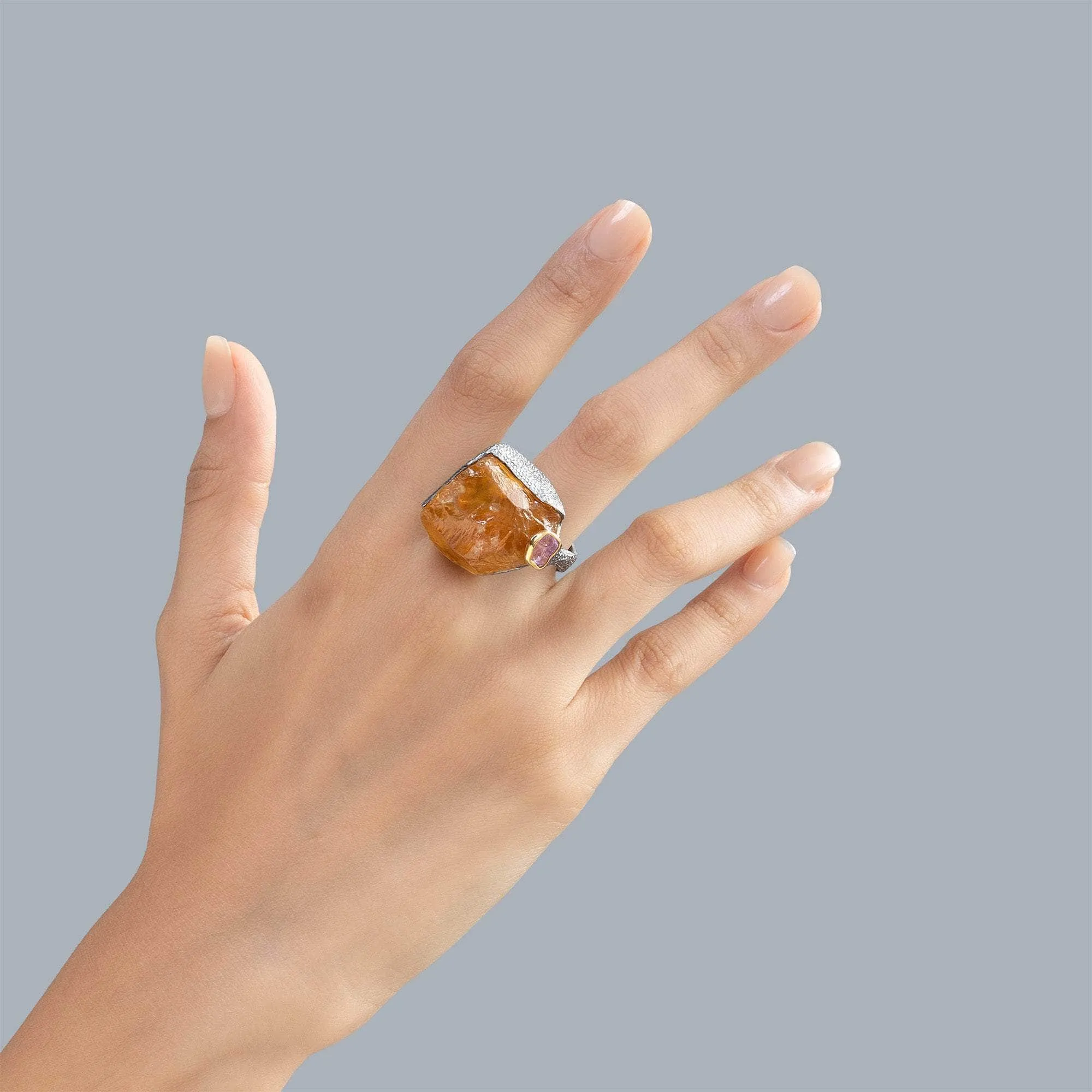 Ascella Rough Citrine and Sapphire Ring