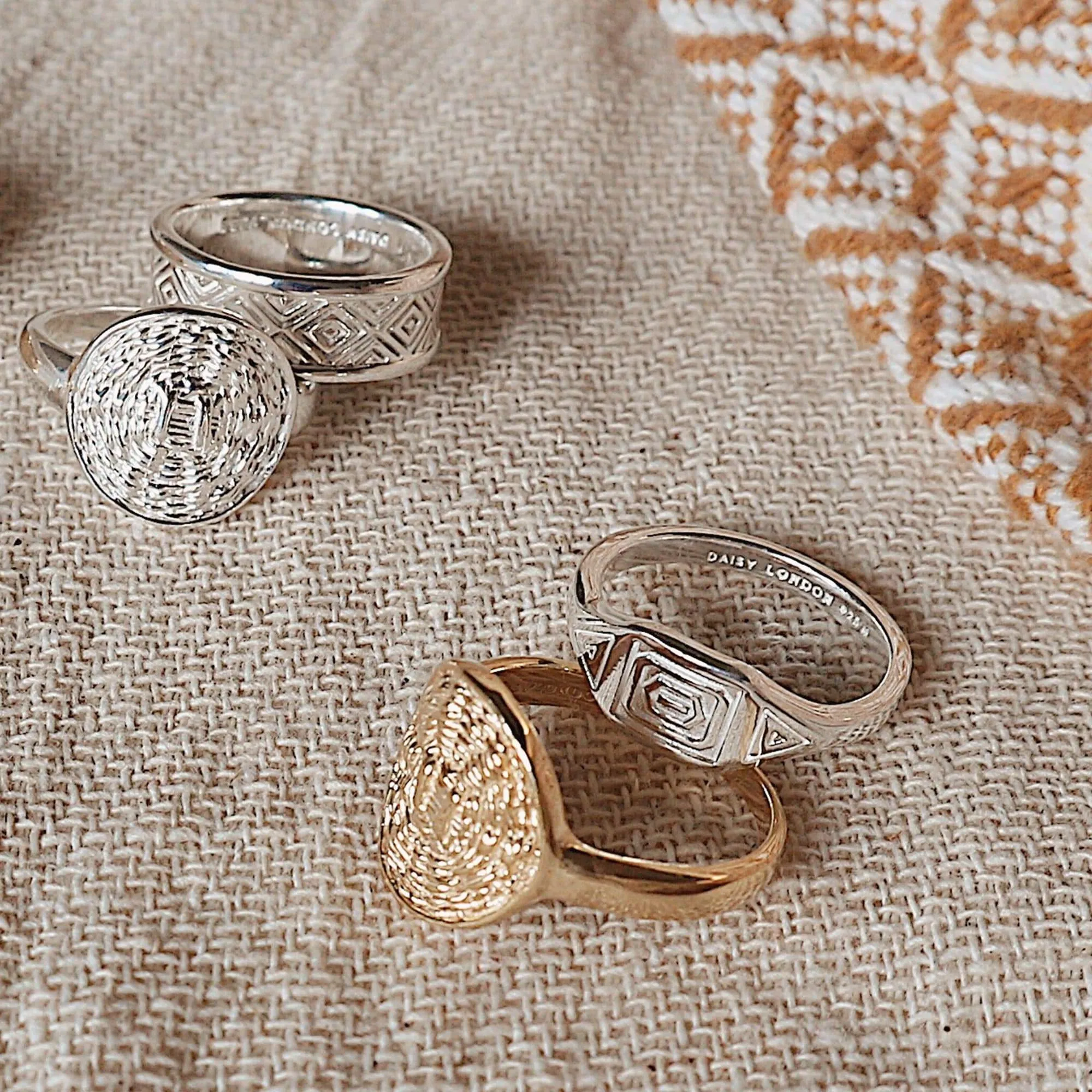 Aztec Stamped Signet Ring Sterling Silver