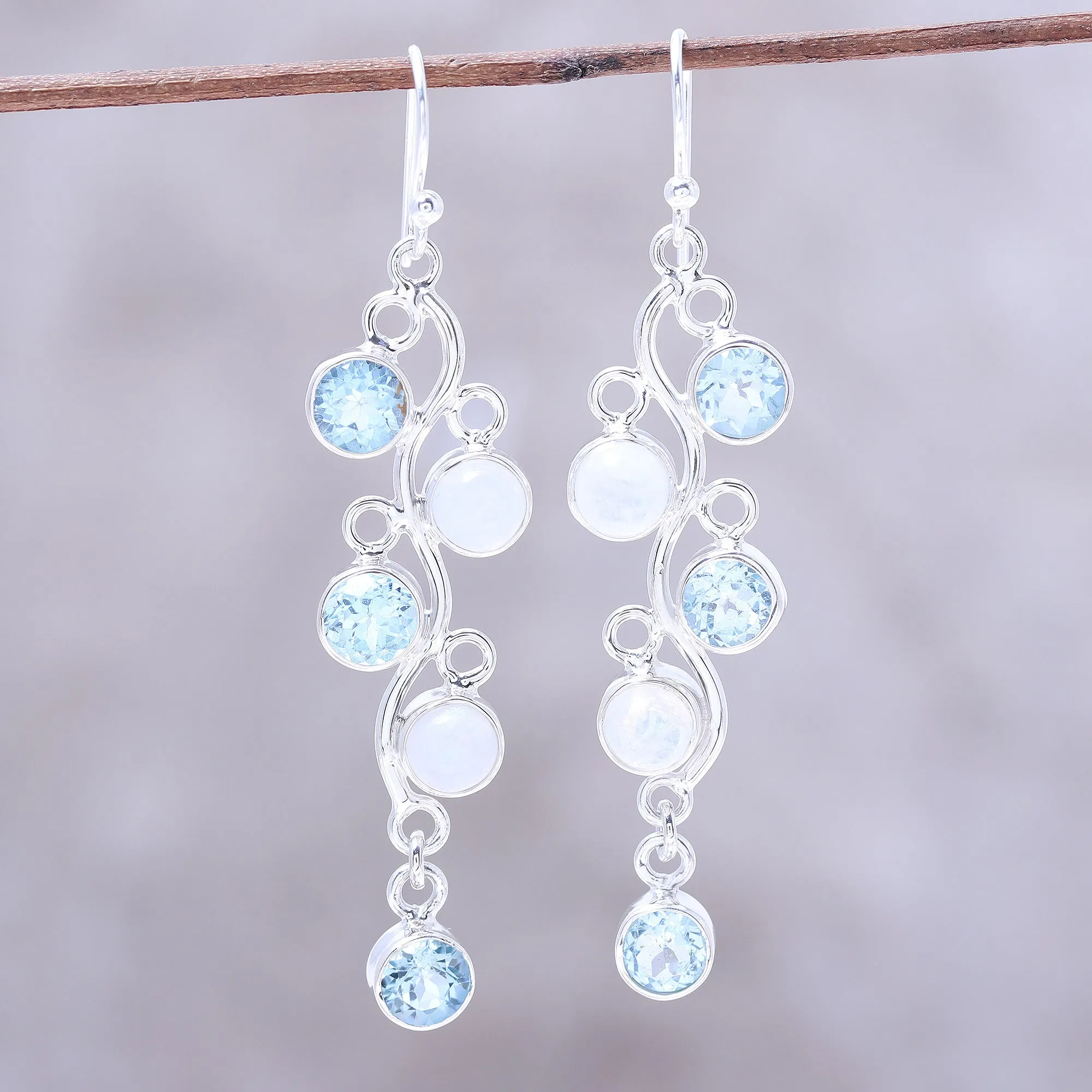 Blue Topaz and Rainbow Moonstone Earrings from India - Morning Climber | NOVICA