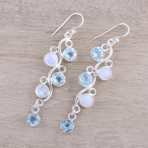 Blue Topaz and Rainbow Moonstone Earrings from India - Morning Climber | NOVICA