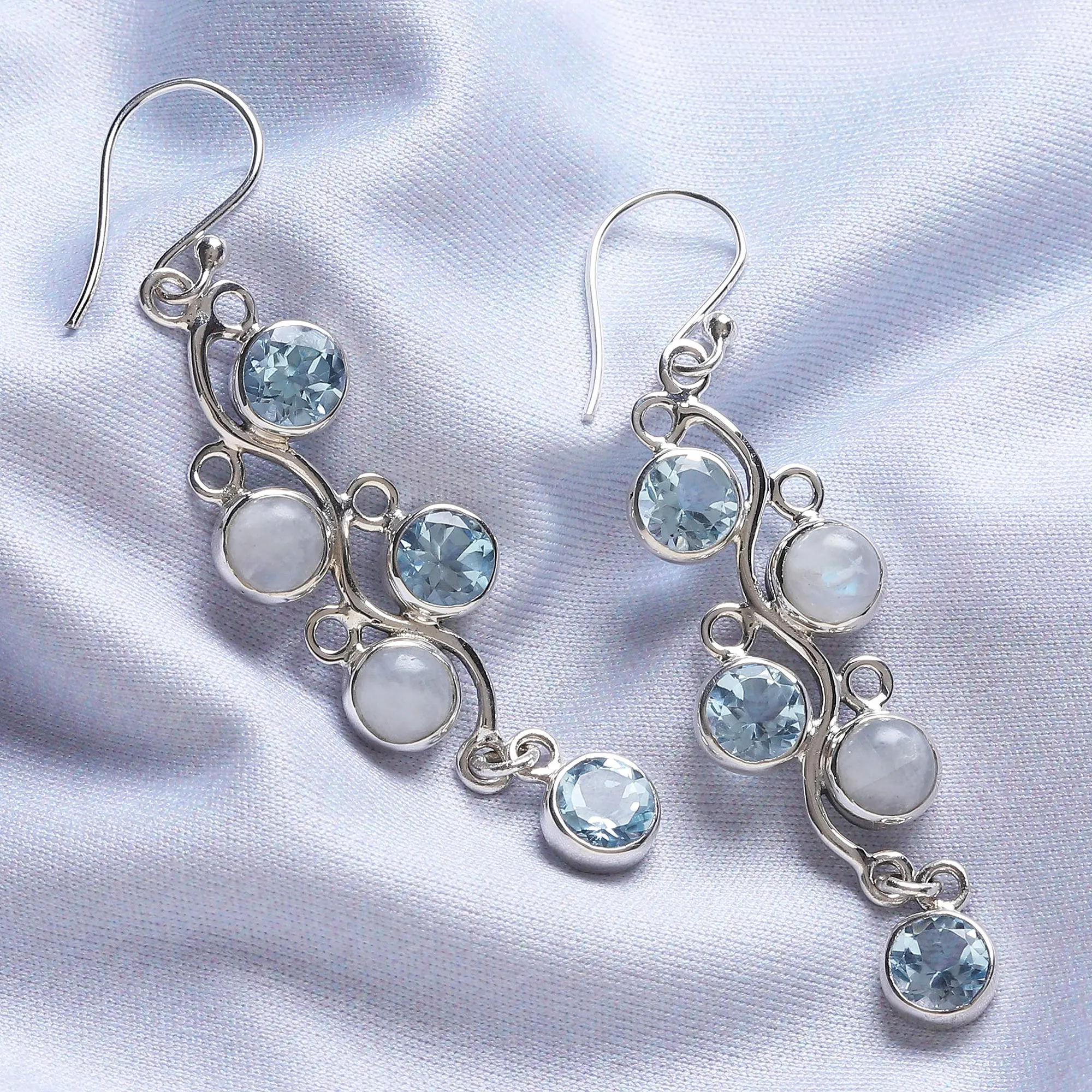 Blue Topaz and Rainbow Moonstone Earrings from India - Morning Climber | NOVICA