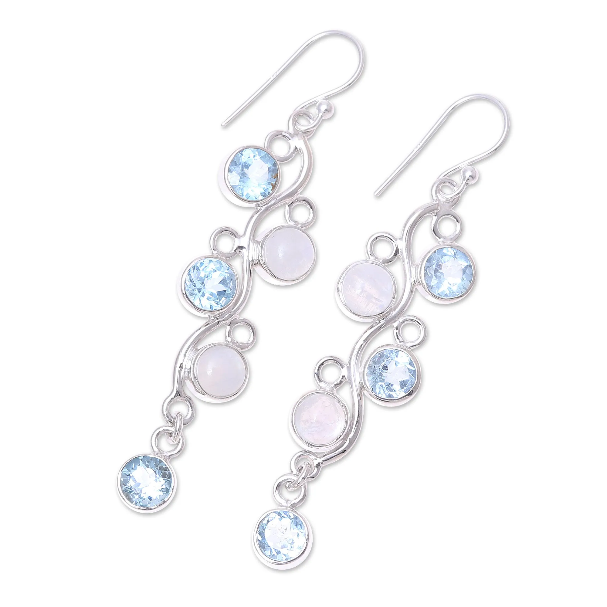 Blue Topaz and Rainbow Moonstone Earrings from India - Morning Climber | NOVICA