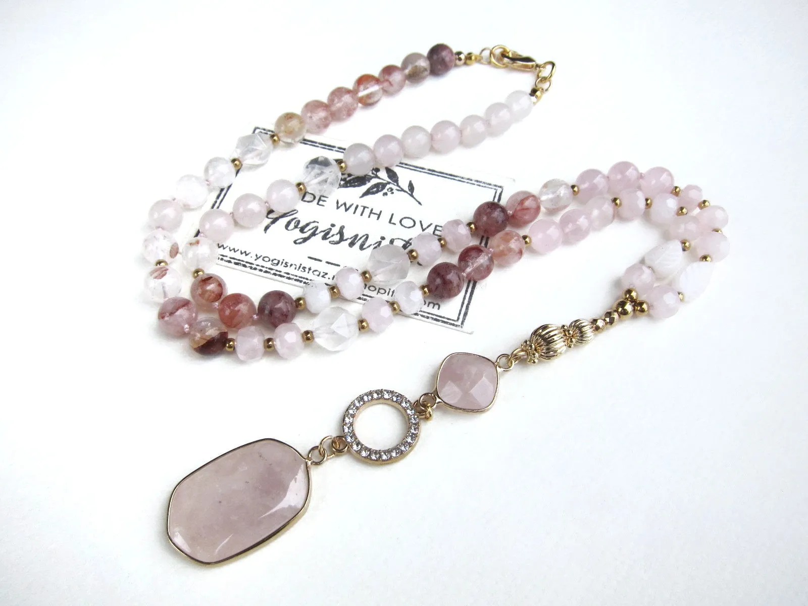 Bohemian Pink Goddess Rose Quartz Pendant Necklace - Balance, Love, Fertility, Calming, Happiness