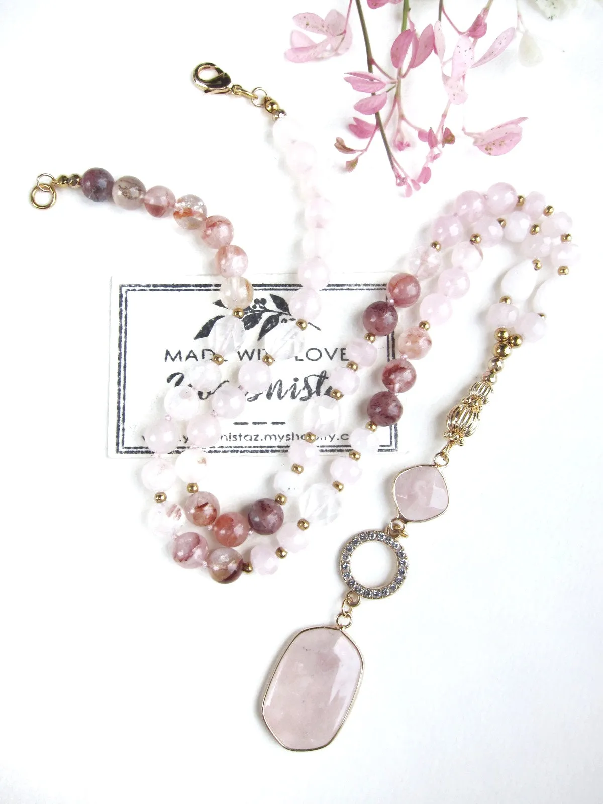 Bohemian Pink Goddess Rose Quartz Pendant Necklace - Balance, Love, Fertility, Calming, Happiness