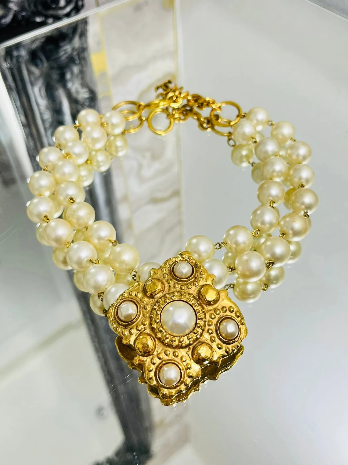 Chanel 1980's Vintage Pearl & 24k Gold Plated Necklace