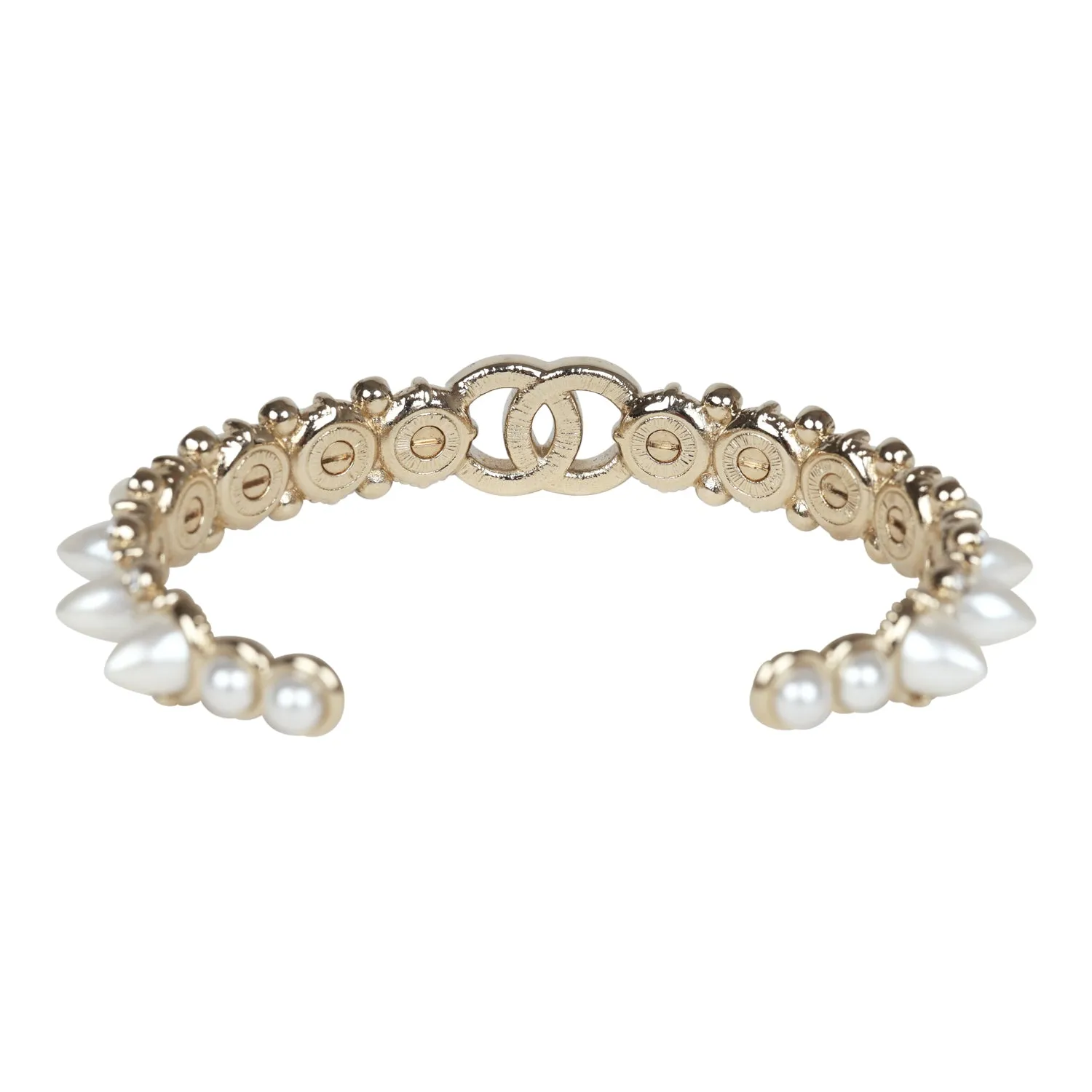 Chanel CC Spiked Crystal and Pearl Cuff Bracelet Light Gold Hardware