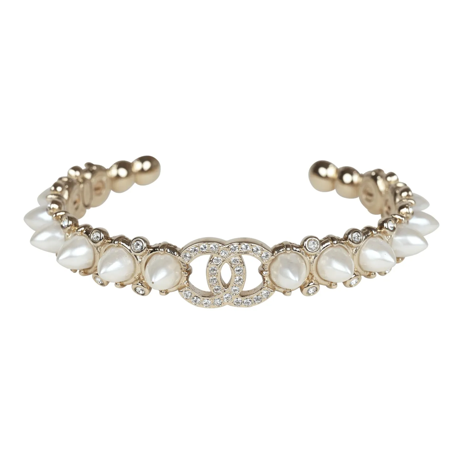 Chanel CC Spiked Crystal and Pearl Cuff Bracelet Light Gold Hardware