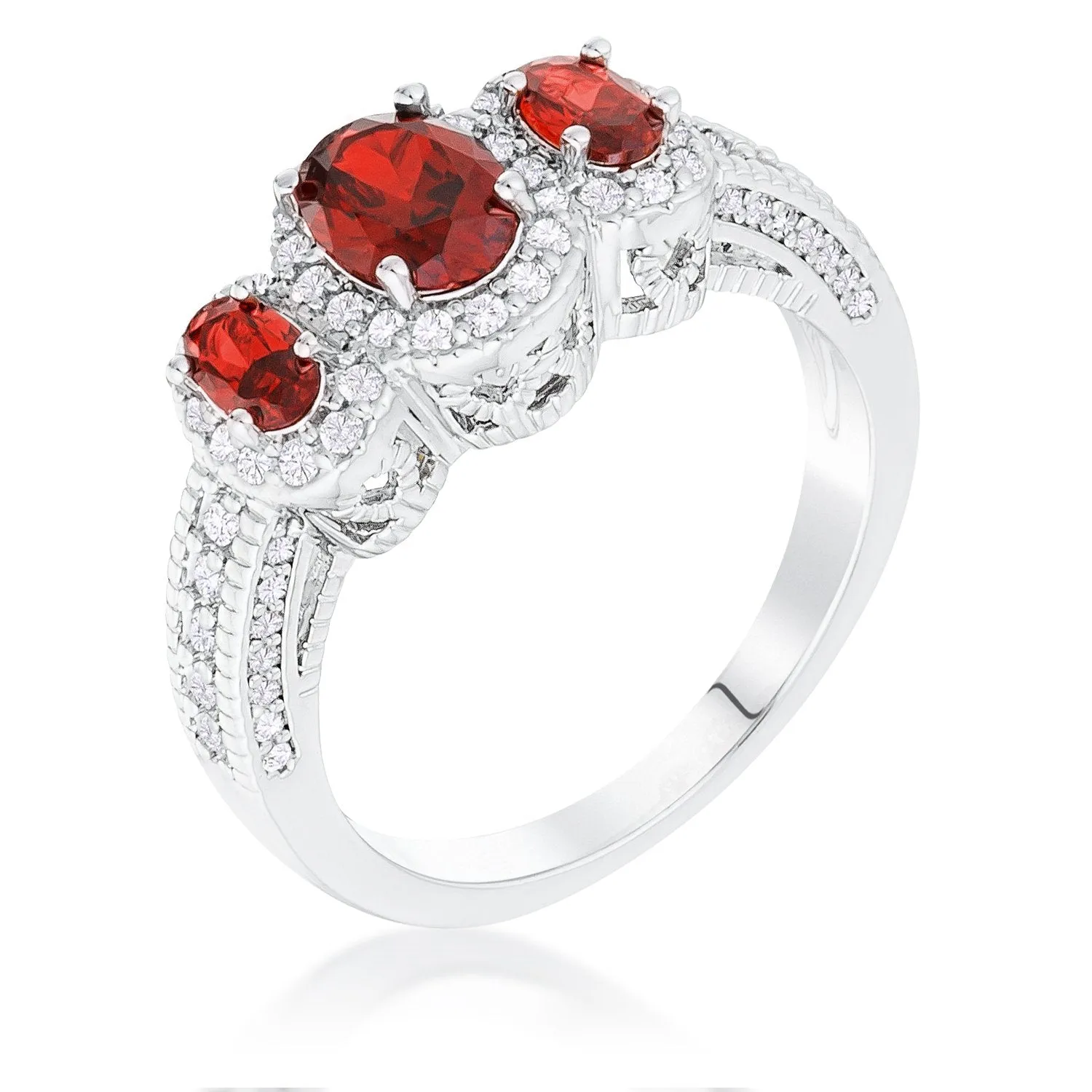 Chessa 3-Stone Garnet Oval CZ Halo Ring | 1.7ct