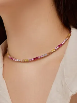 Colorful Tennis Choker Necklace, Round Zircon 925 Sterling Silver Short Luxury Statement Necklace