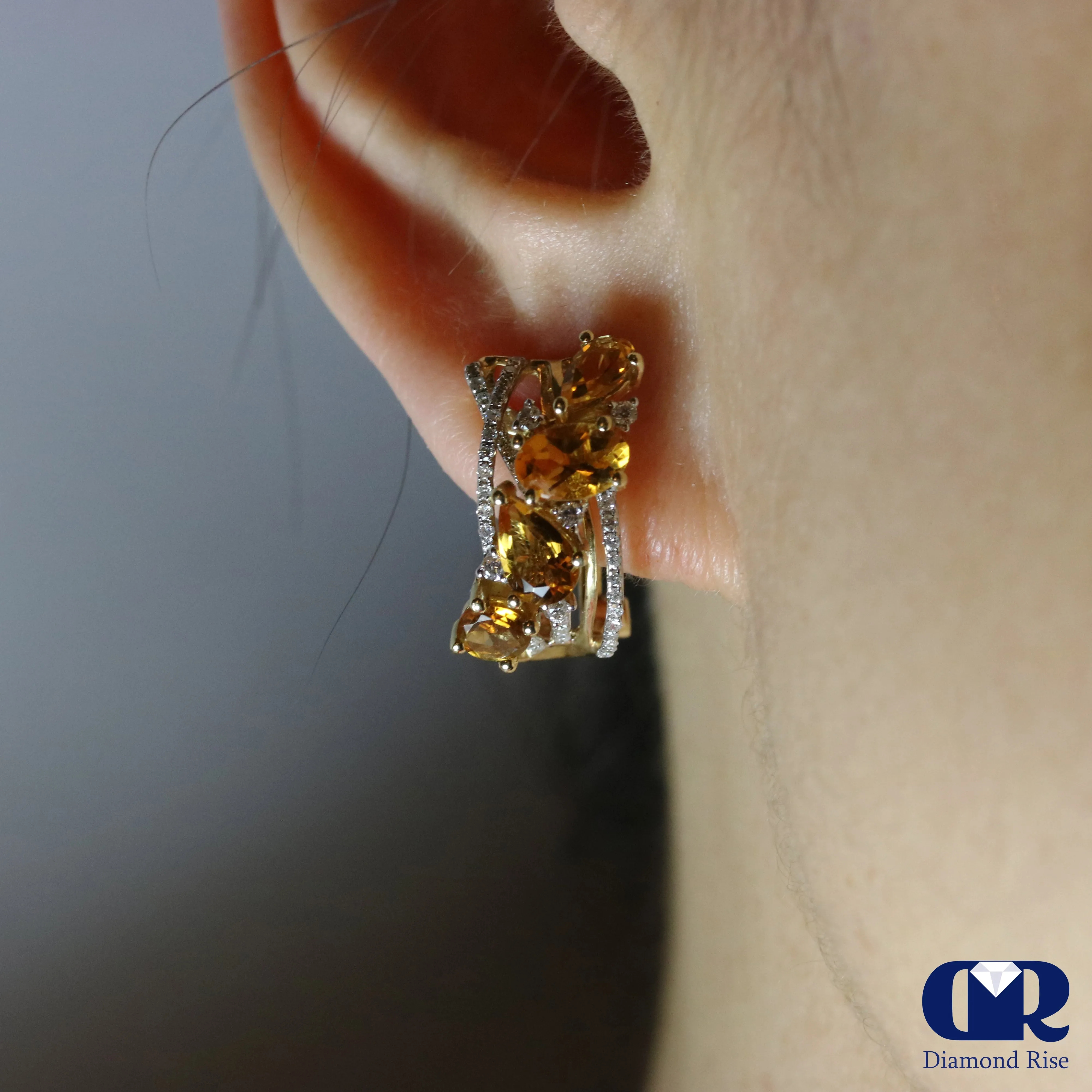 Diamond & Citrine Earrings In 14K Yellow Gold With Omega Back