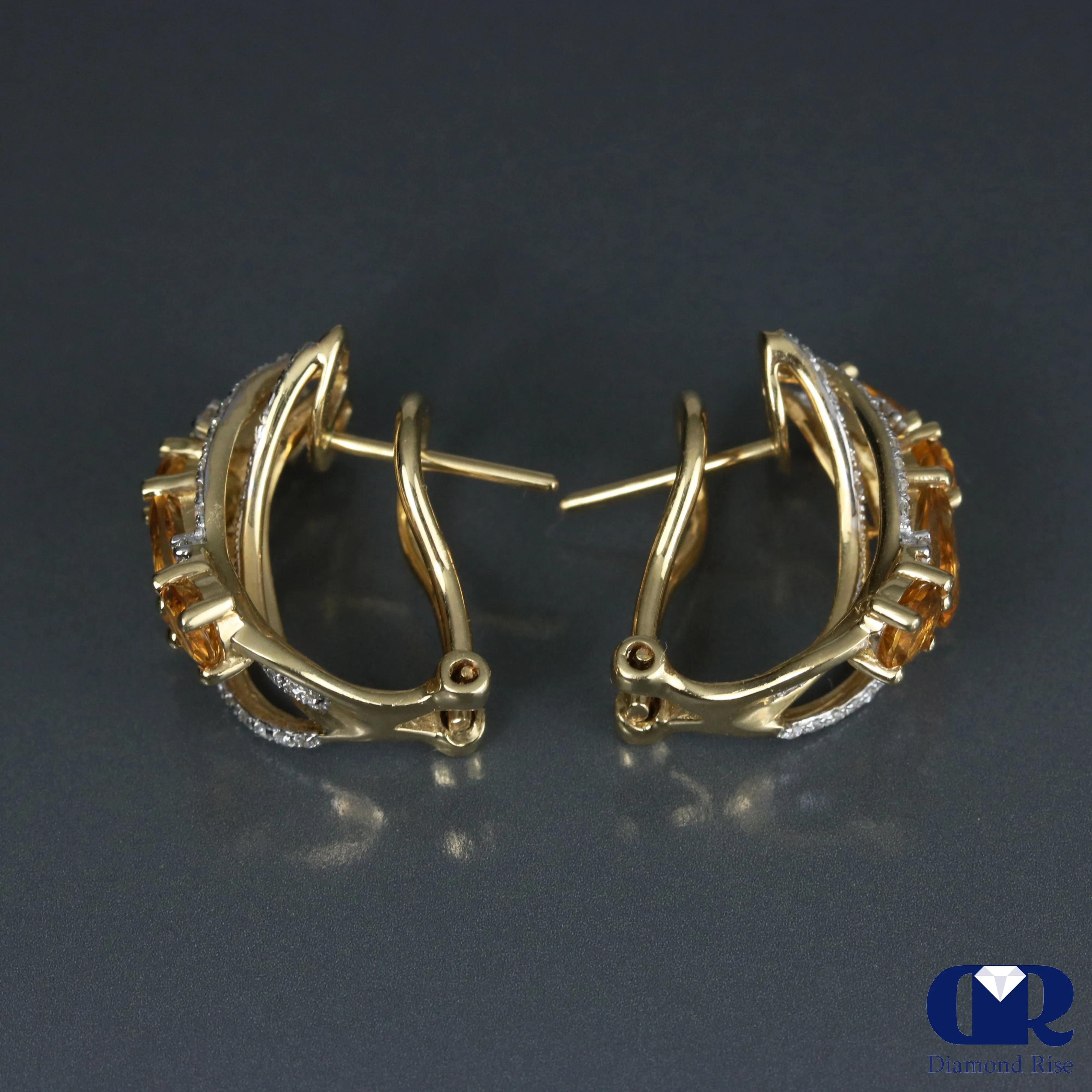 Diamond & Citrine Earrings In 14K Yellow Gold With Omega Back