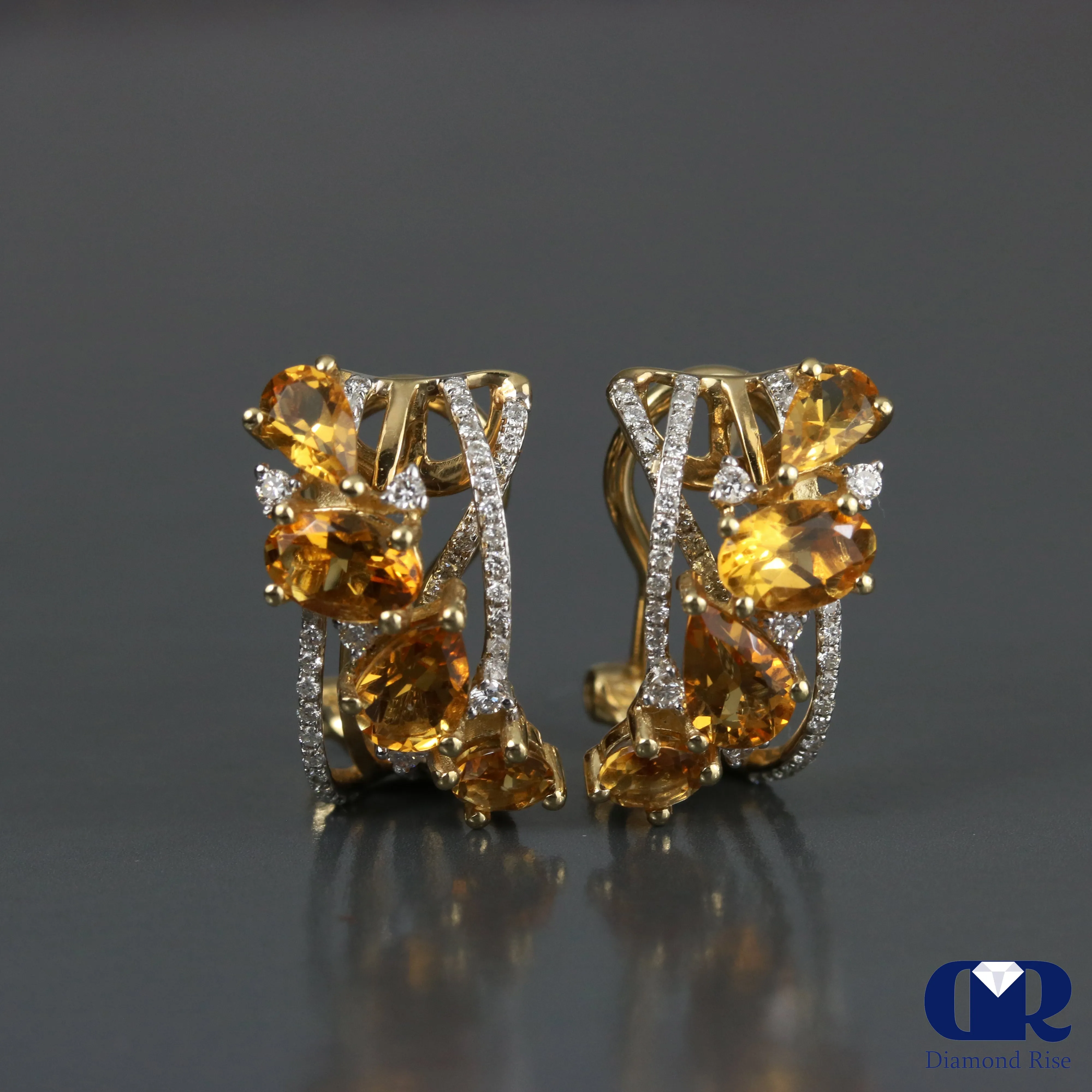 Diamond & Citrine Earrings In 14K Yellow Gold With Omega Back