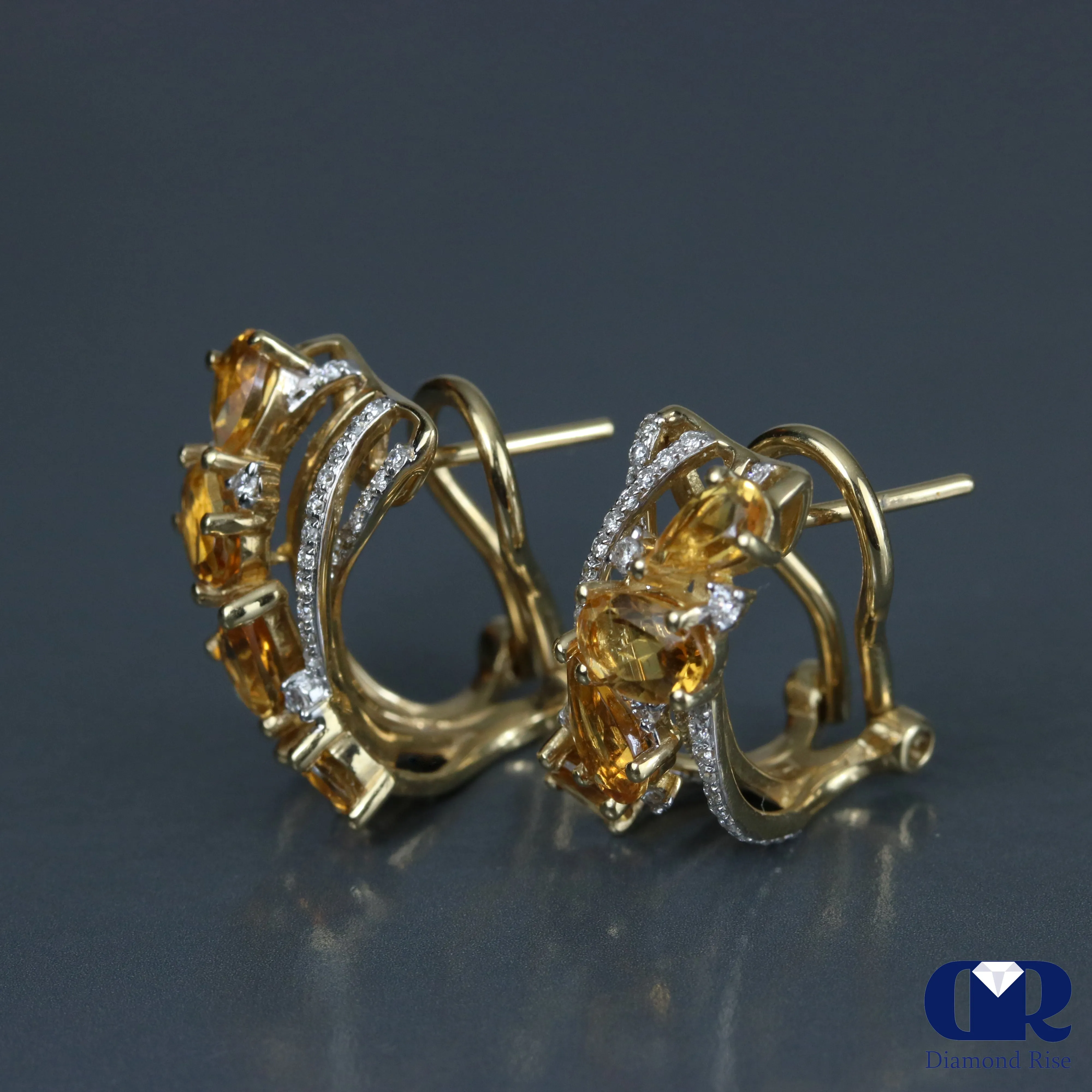 Diamond & Citrine Earrings In 14K Yellow Gold With Omega Back