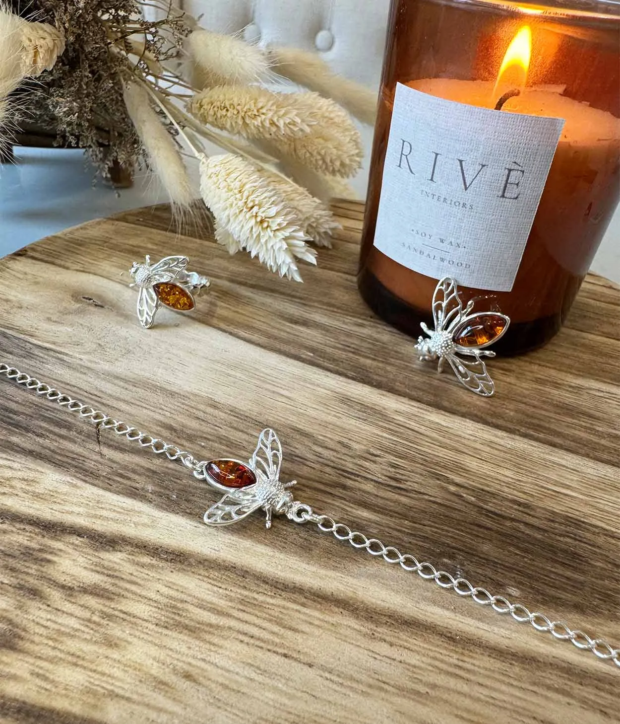 Elegant Baltic Amber Bee Bracelet in Sterling Silver - Unique Charm with Genuine Amber