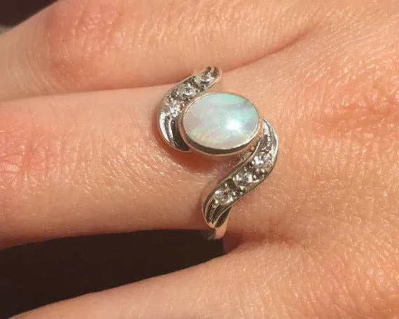 Elegant Opal Ring - White Bezel Ring - Opal Engagement Ring