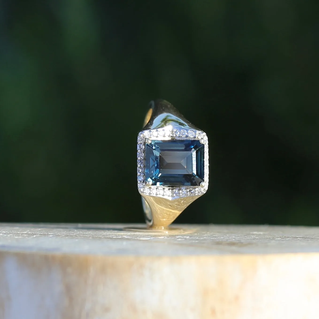 Emerald Cut London Blue Topaz Signet Ring With Diamond Halo, size N or 6.75