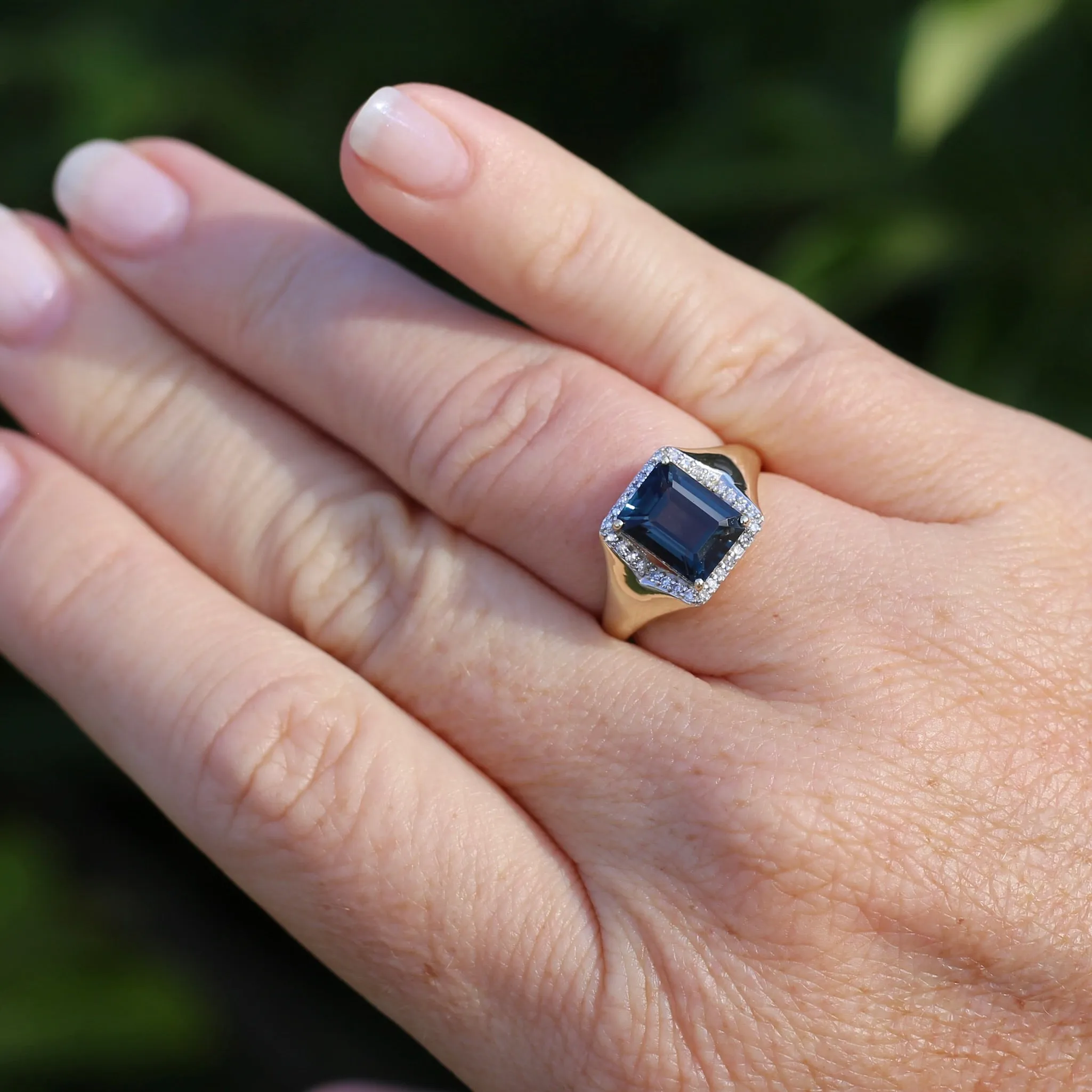 Emerald Cut London Blue Topaz Signet Ring With Diamond Halo, size N or 6.75