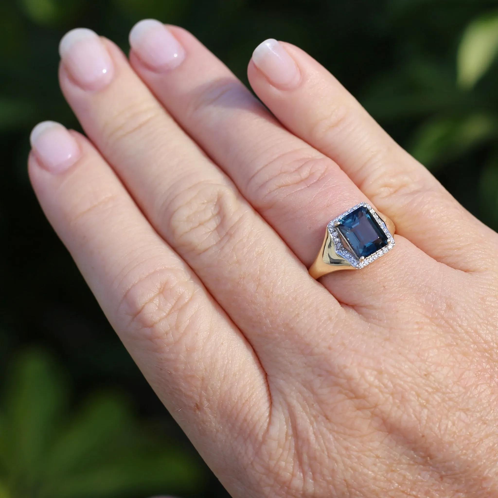 Emerald Cut London Blue Topaz Signet Ring With Diamond Halo, size N or 6.75