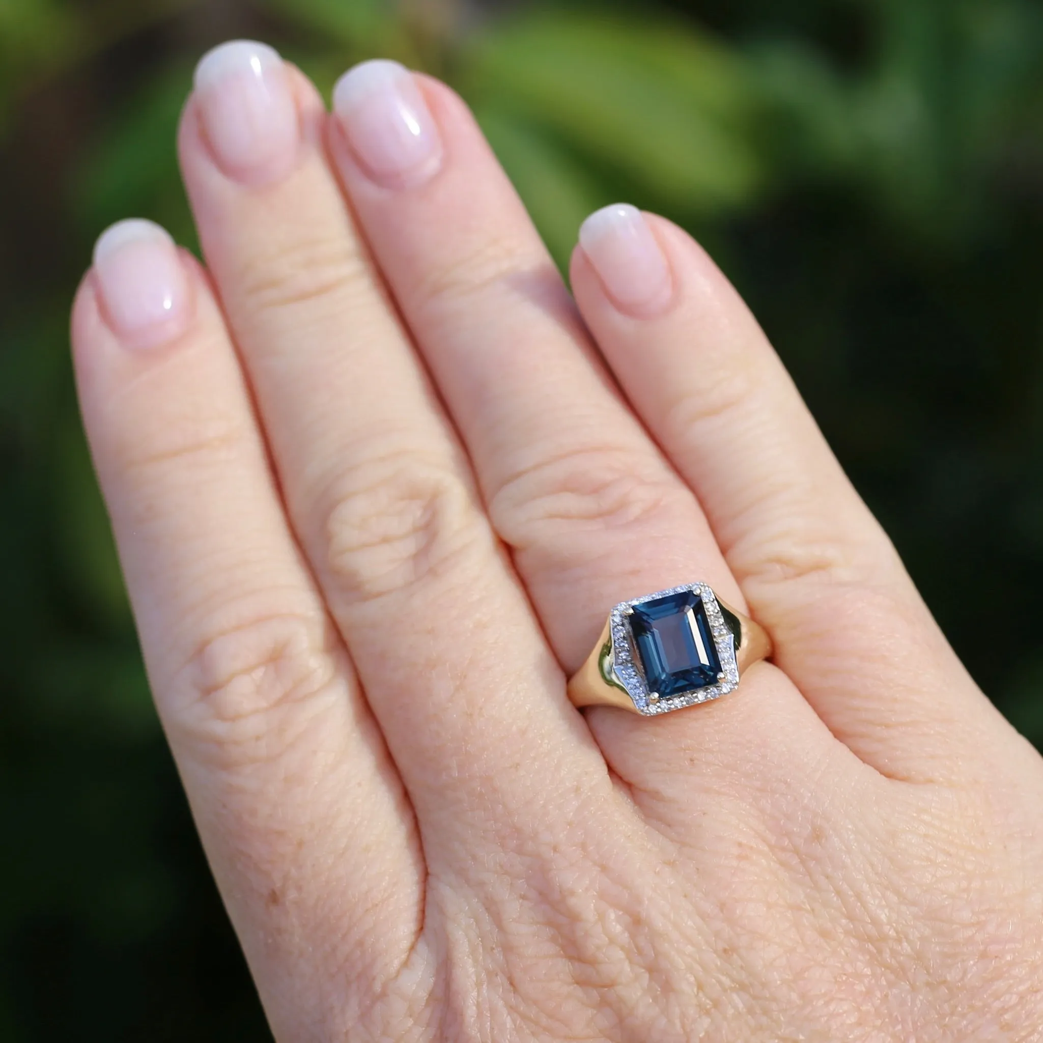 Emerald Cut London Blue Topaz Signet Ring With Diamond Halo, size N or 6.75