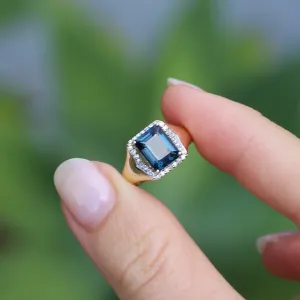 Emerald Cut London Blue Topaz Signet Ring With Diamond Halo, size N or 6.75