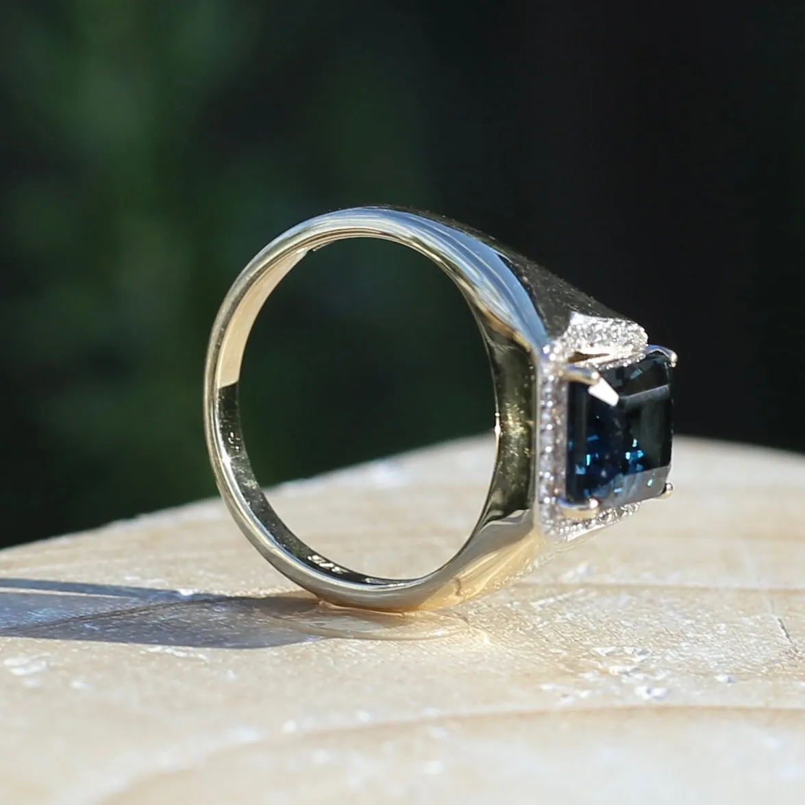 Emerald Cut London Blue Topaz Signet Ring With Diamond Halo, size N or 6.75