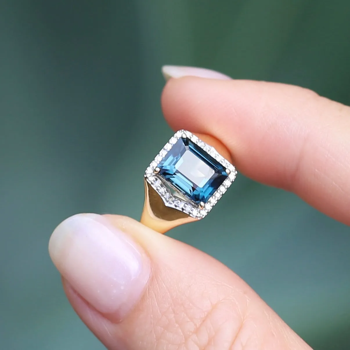 Emerald Cut London Blue Topaz Signet Ring With Diamond Halo, size N or 6.75