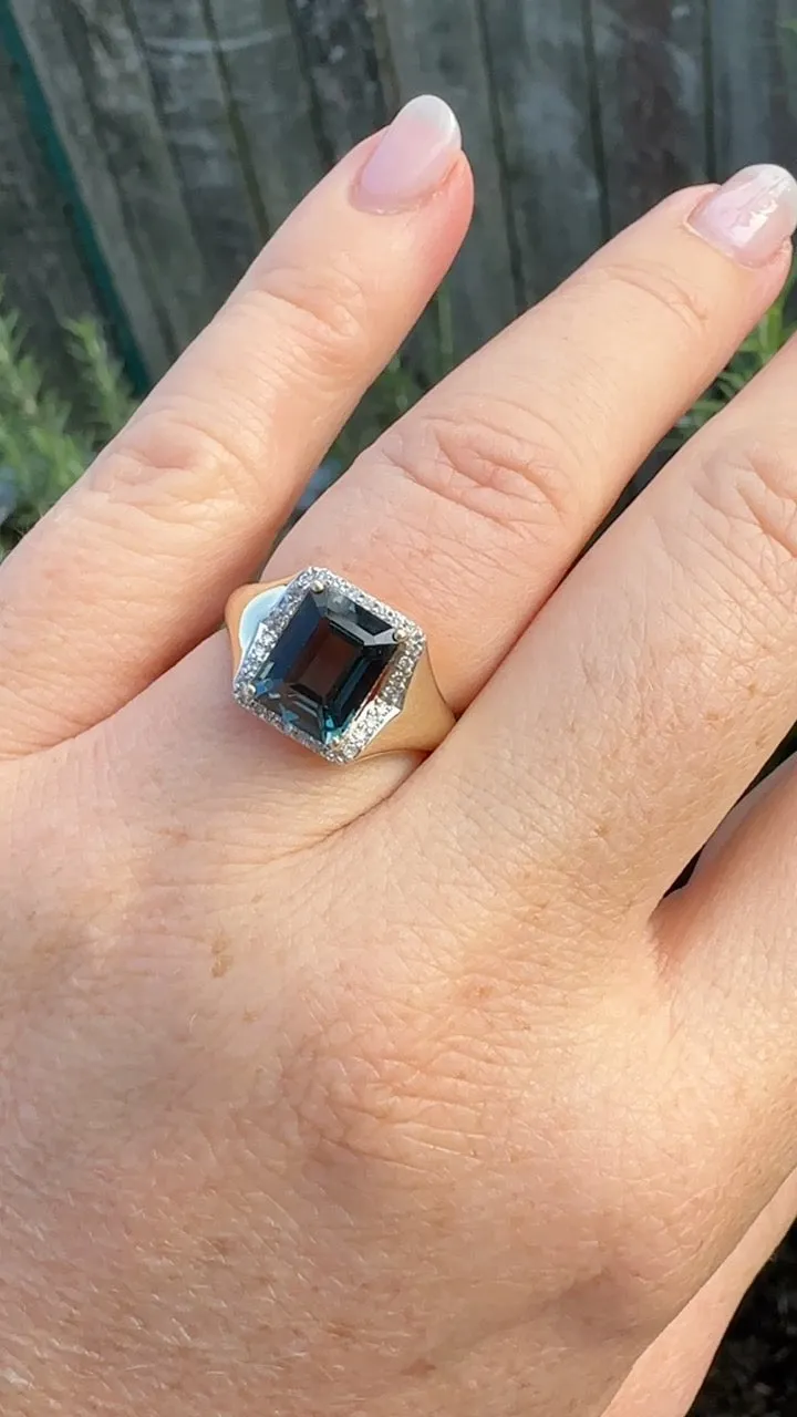 Emerald Cut London Blue Topaz Signet Ring With Diamond Halo, size N or 6.75