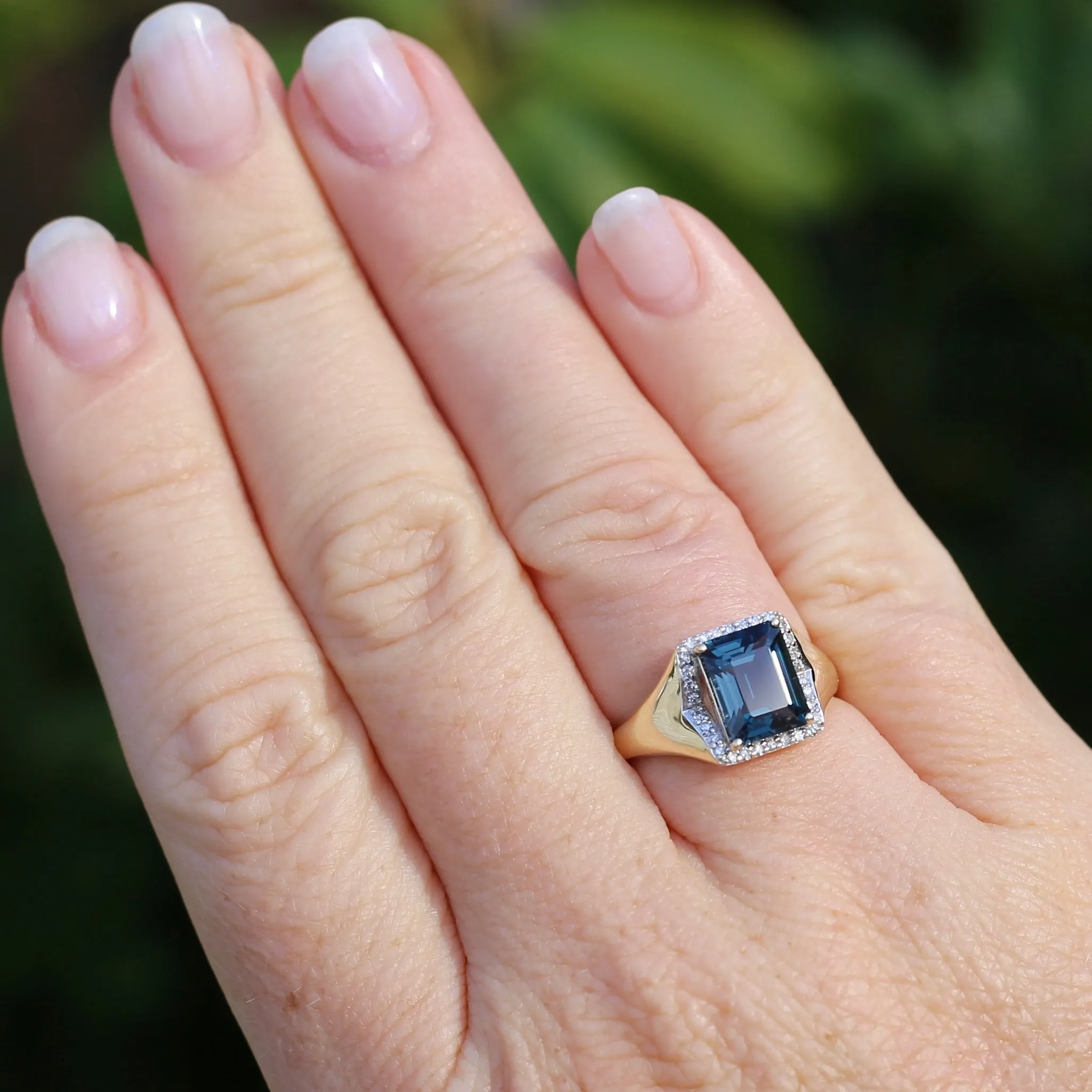 Emerald Cut London Blue Topaz Signet Ring With Diamond Halo, size N or 6.75