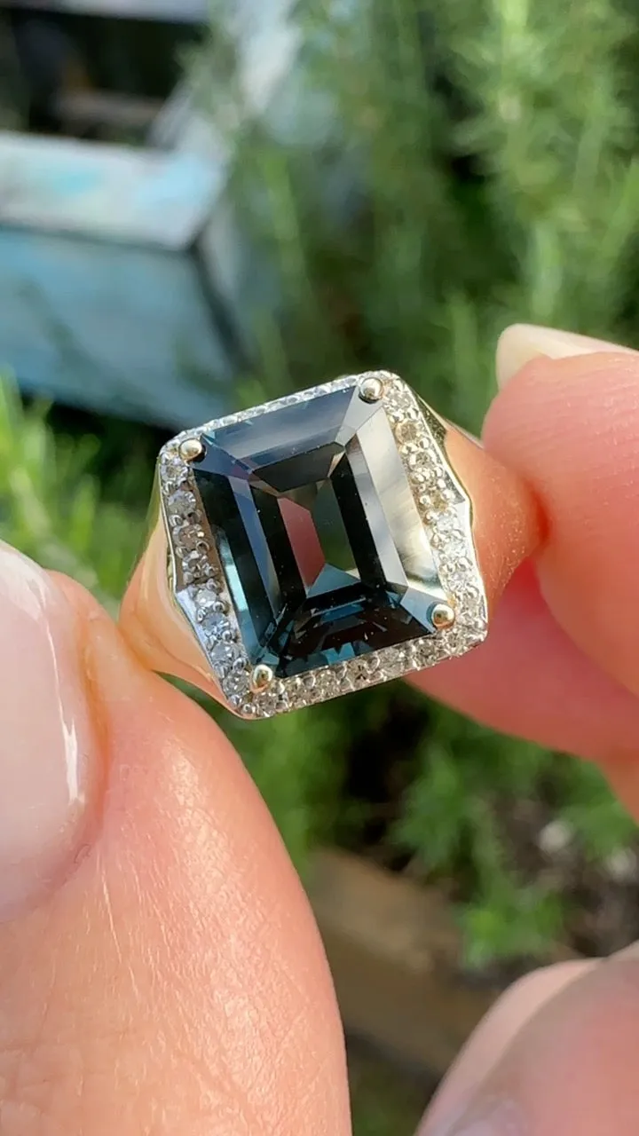 Emerald Cut London Blue Topaz Signet Ring With Diamond Halo, size N or 6.75