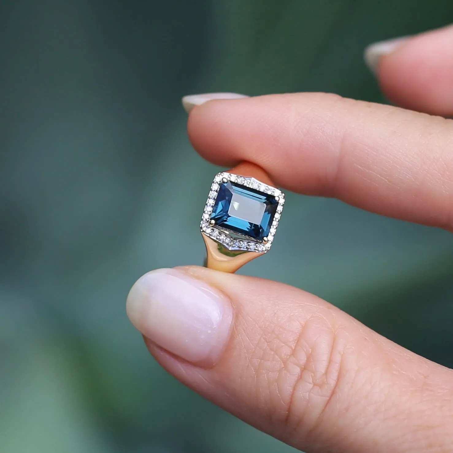 Emerald Cut London Blue Topaz Signet Ring With Diamond Halo, size N or 6.75