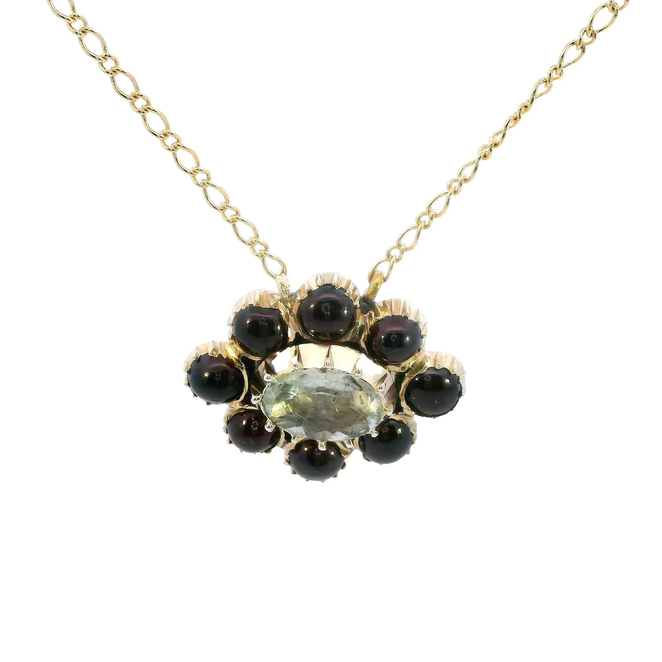 Enchanting 9ct Yellow Gold Aquamarine & Garnet Pendant with Chain