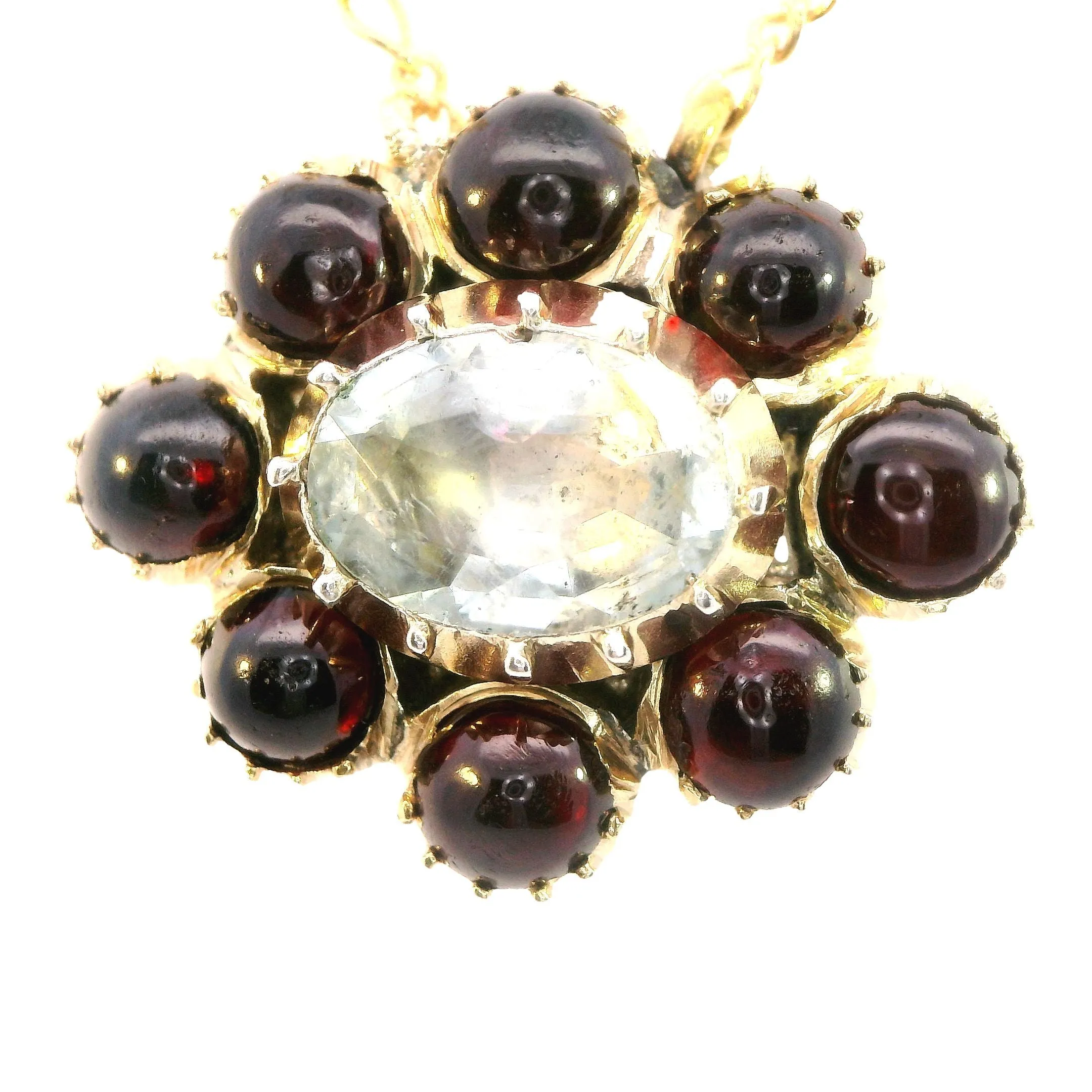 Enchanting 9ct Yellow Gold Aquamarine & Garnet Pendant with Chain