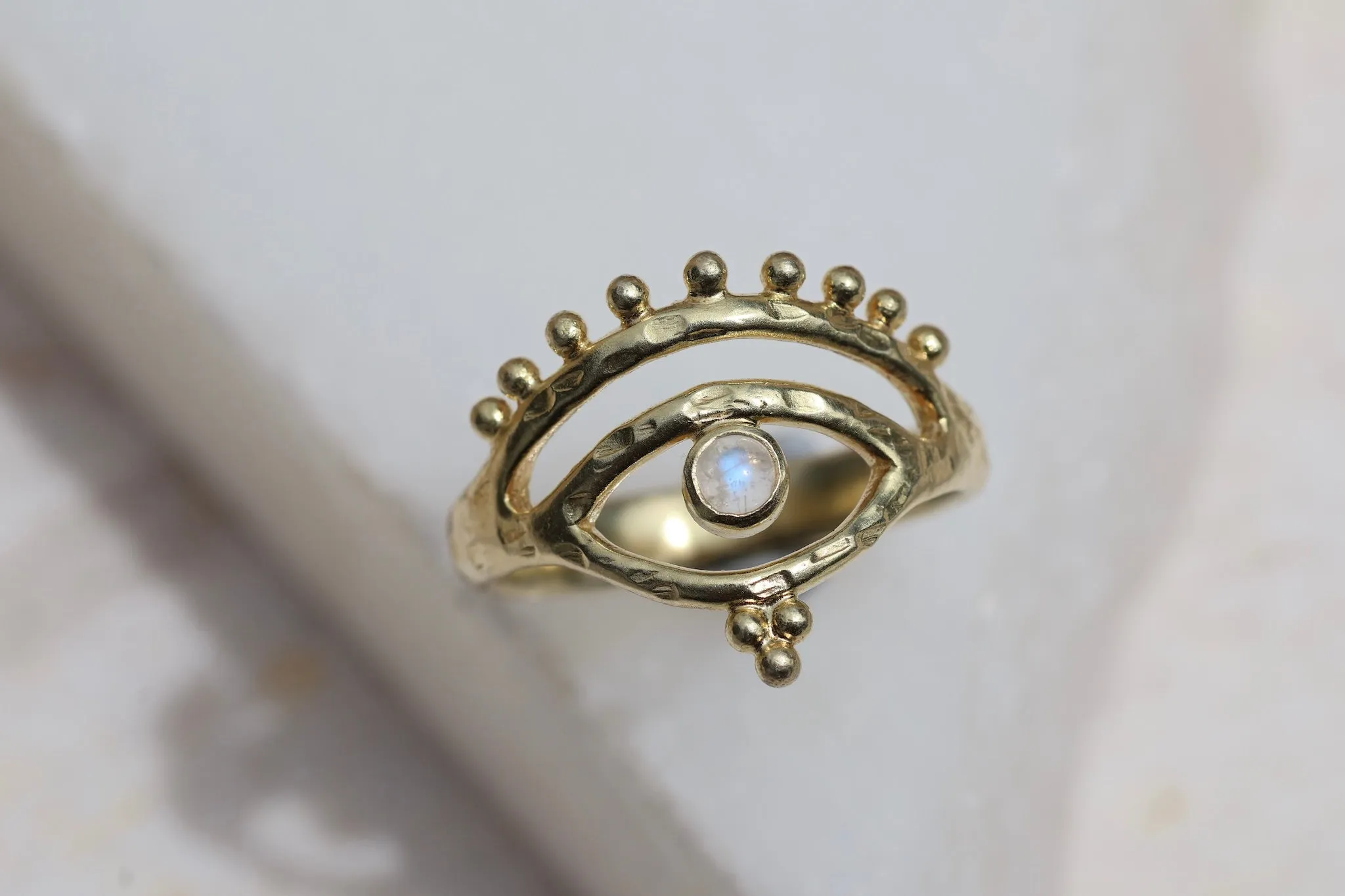 Eye of Protection Gold Rainbow Moonstone Ring