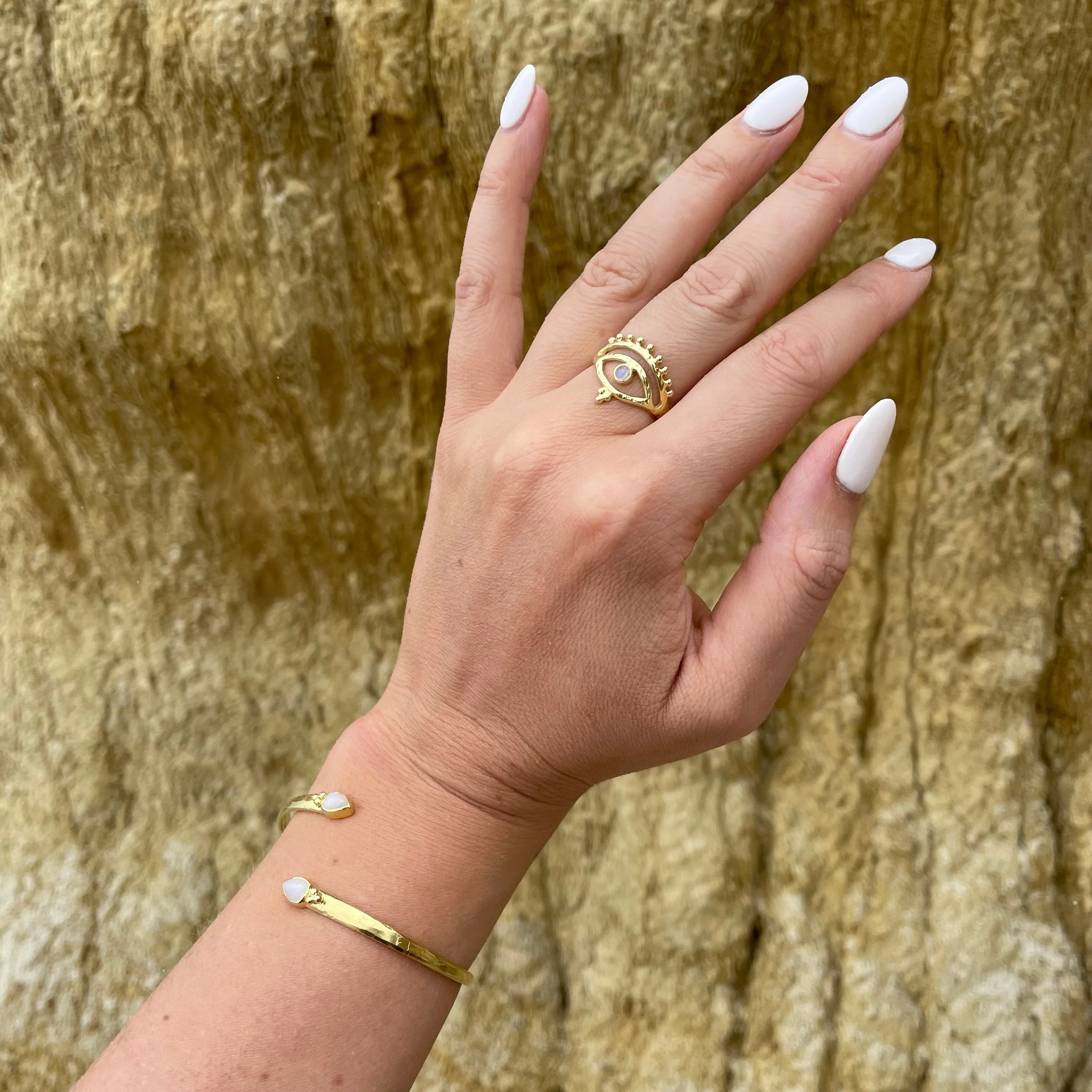 Eye of Protection Gold Rainbow Moonstone Ring