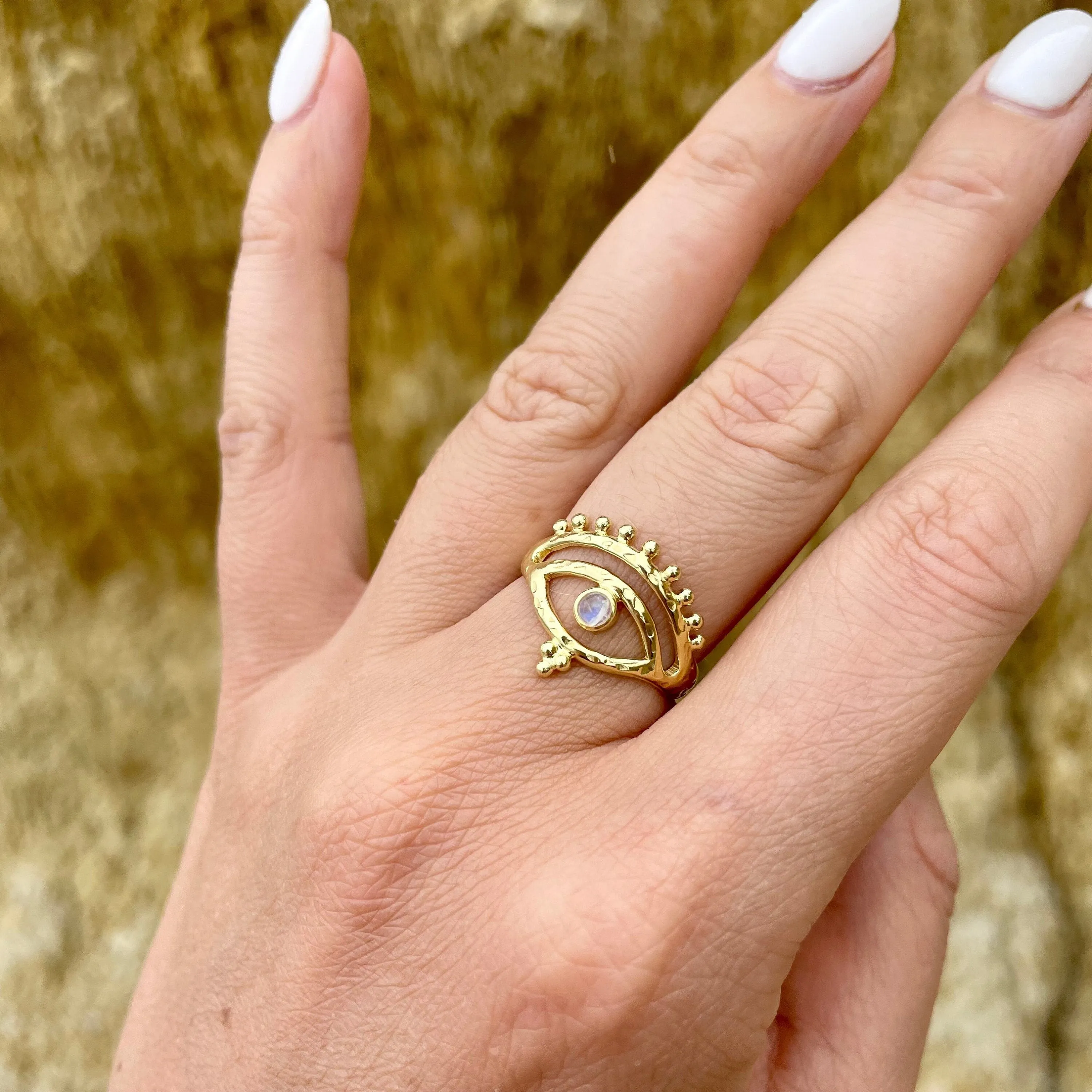 Eye of Protection Gold Rainbow Moonstone Ring