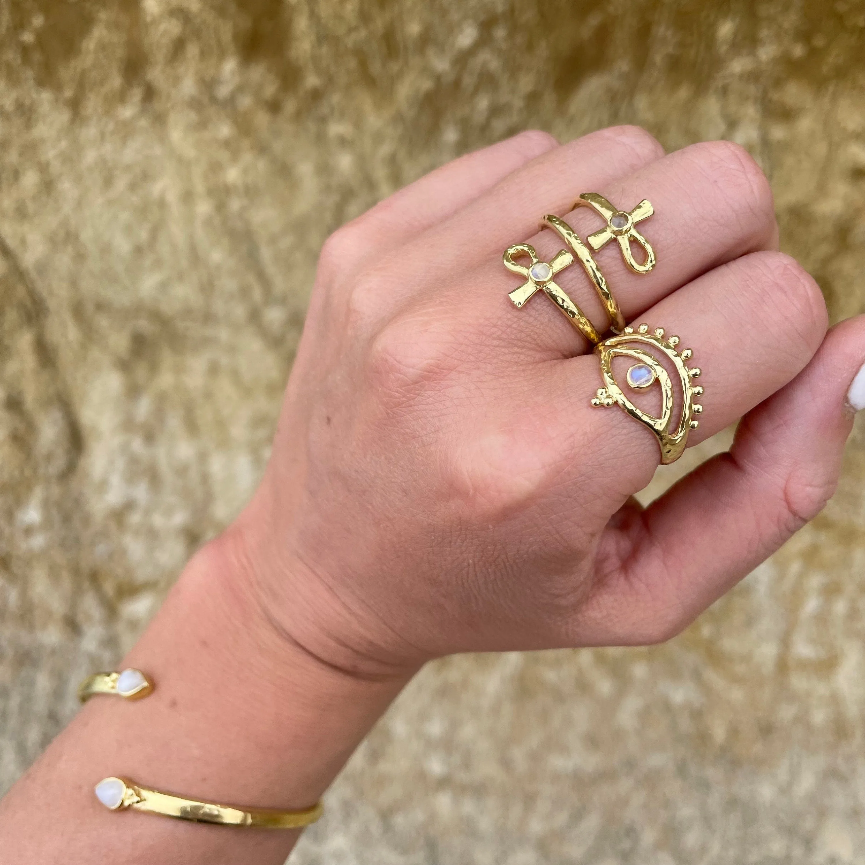 Eye of Protection Gold Rainbow Moonstone Ring