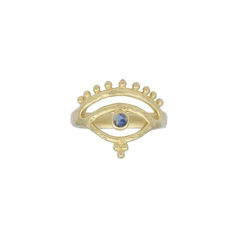 Eye of Protection Gold Rainbow Moonstone Ring