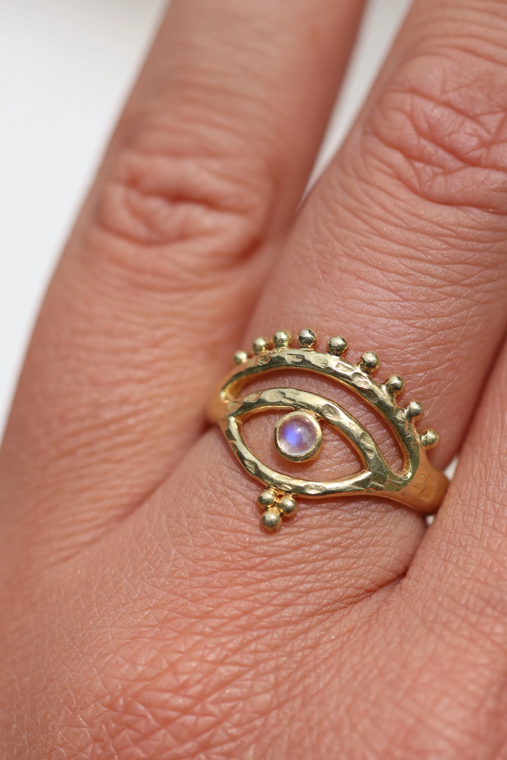 Eye of Protection Gold Rainbow Moonstone Ring