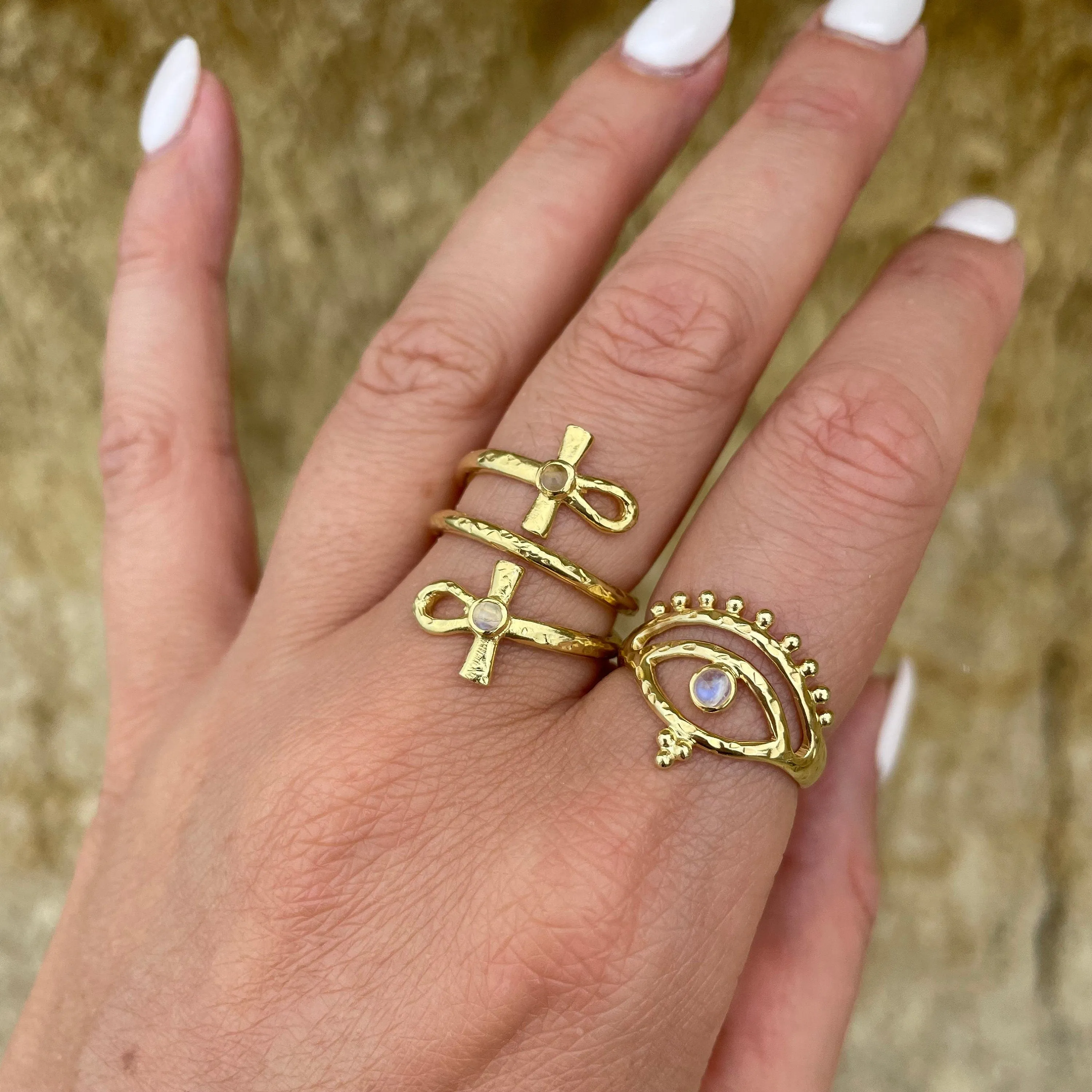 Eye of Protection Gold Rainbow Moonstone Ring