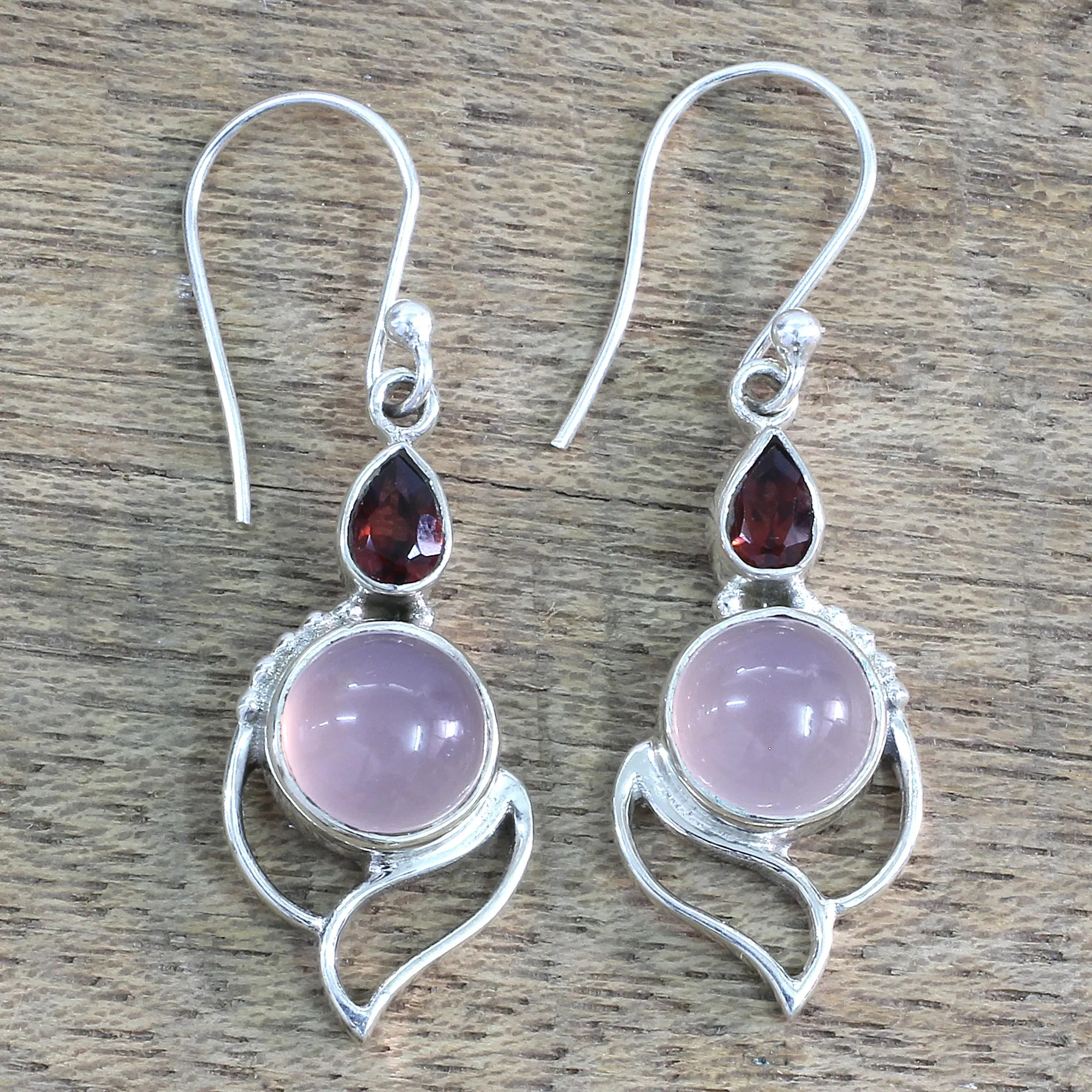 Garnet and Chalcedony Dangle Earrings from India - Pink Crest | NOVICA