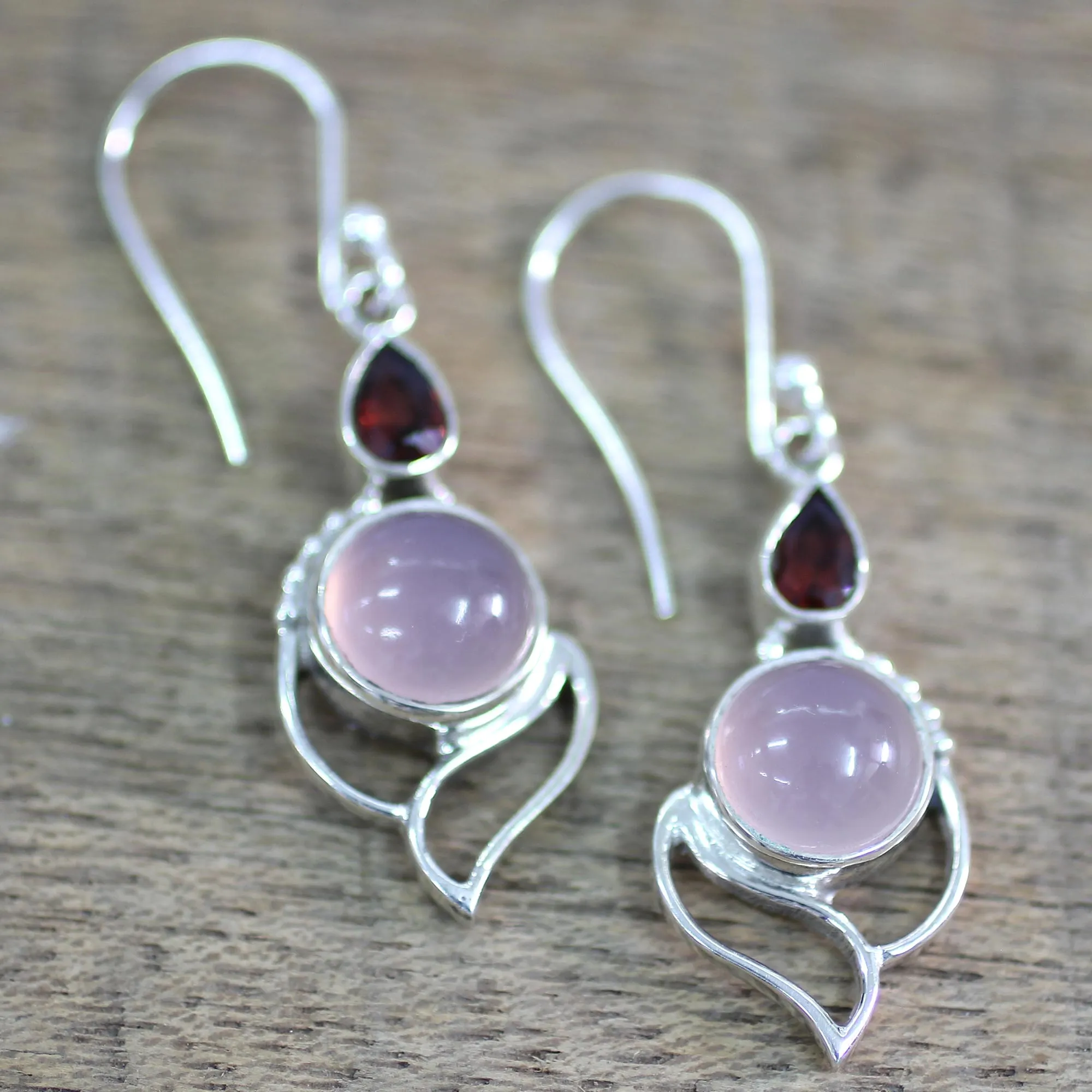 Garnet and Chalcedony Dangle Earrings from India - Pink Crest | NOVICA