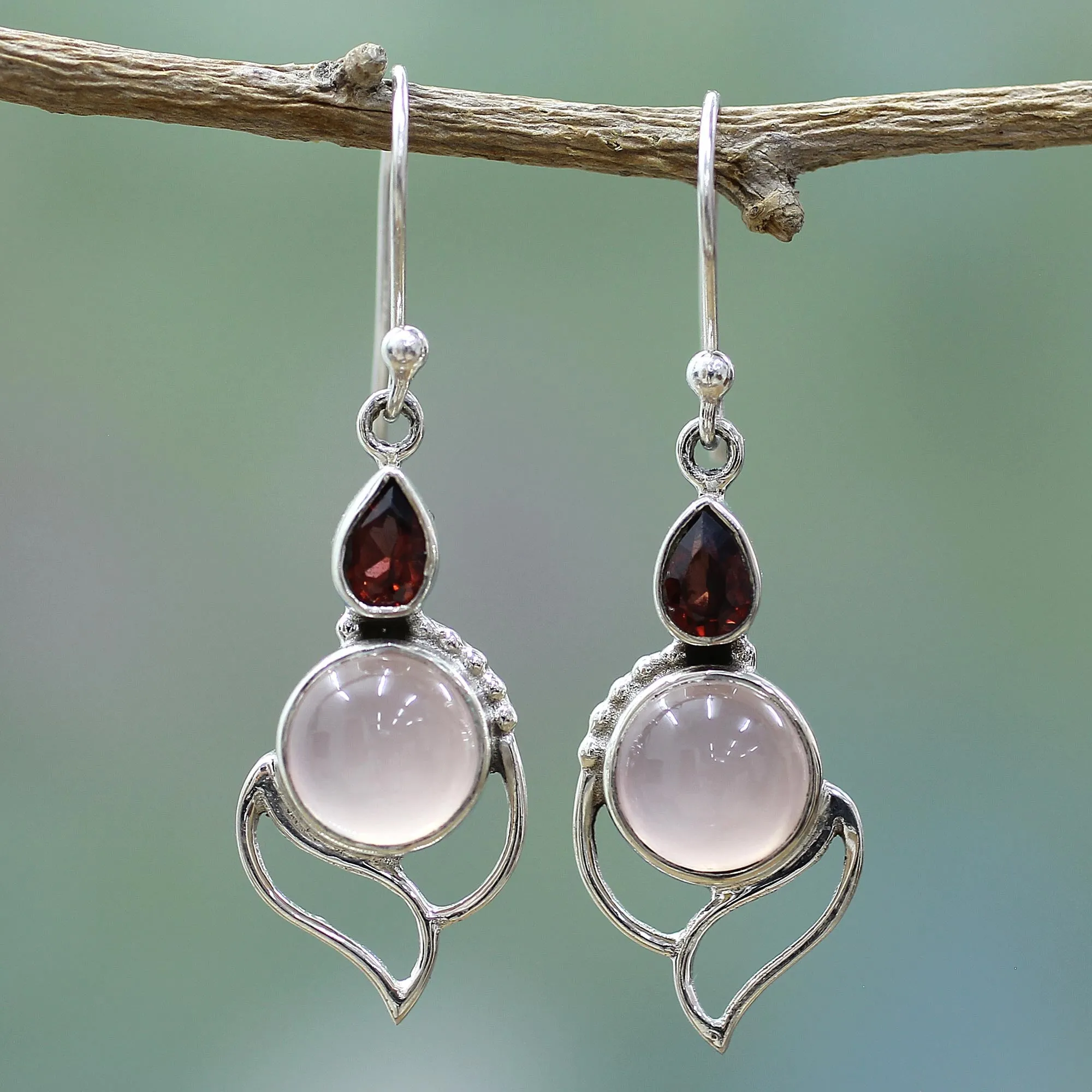 Garnet and Chalcedony Dangle Earrings from India - Pink Crest | NOVICA