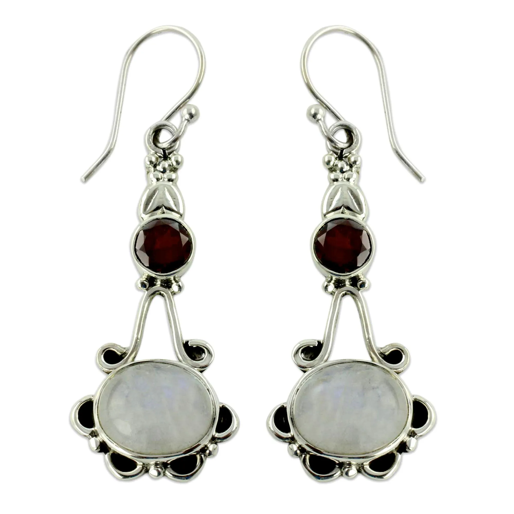 Garnet and Rainbow Moonstone Sterling Silver Earrings - Fresh Beauty | NOVICA