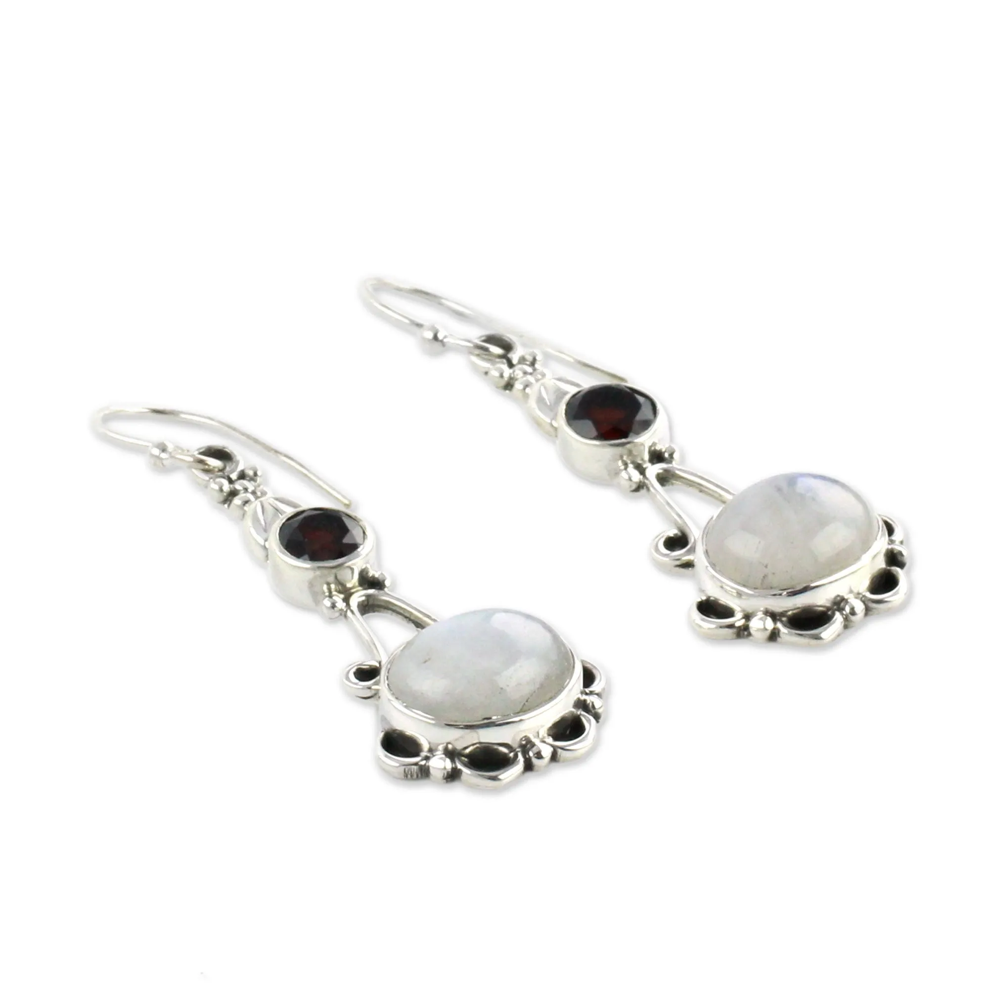 Garnet and Rainbow Moonstone Sterling Silver Earrings - Fresh Beauty | NOVICA