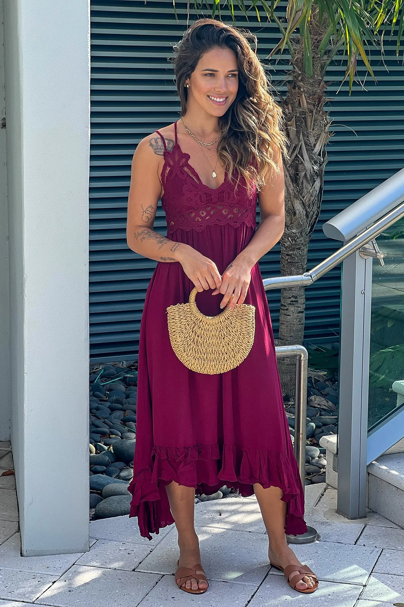 Garnet Crochet Top High Low Dress